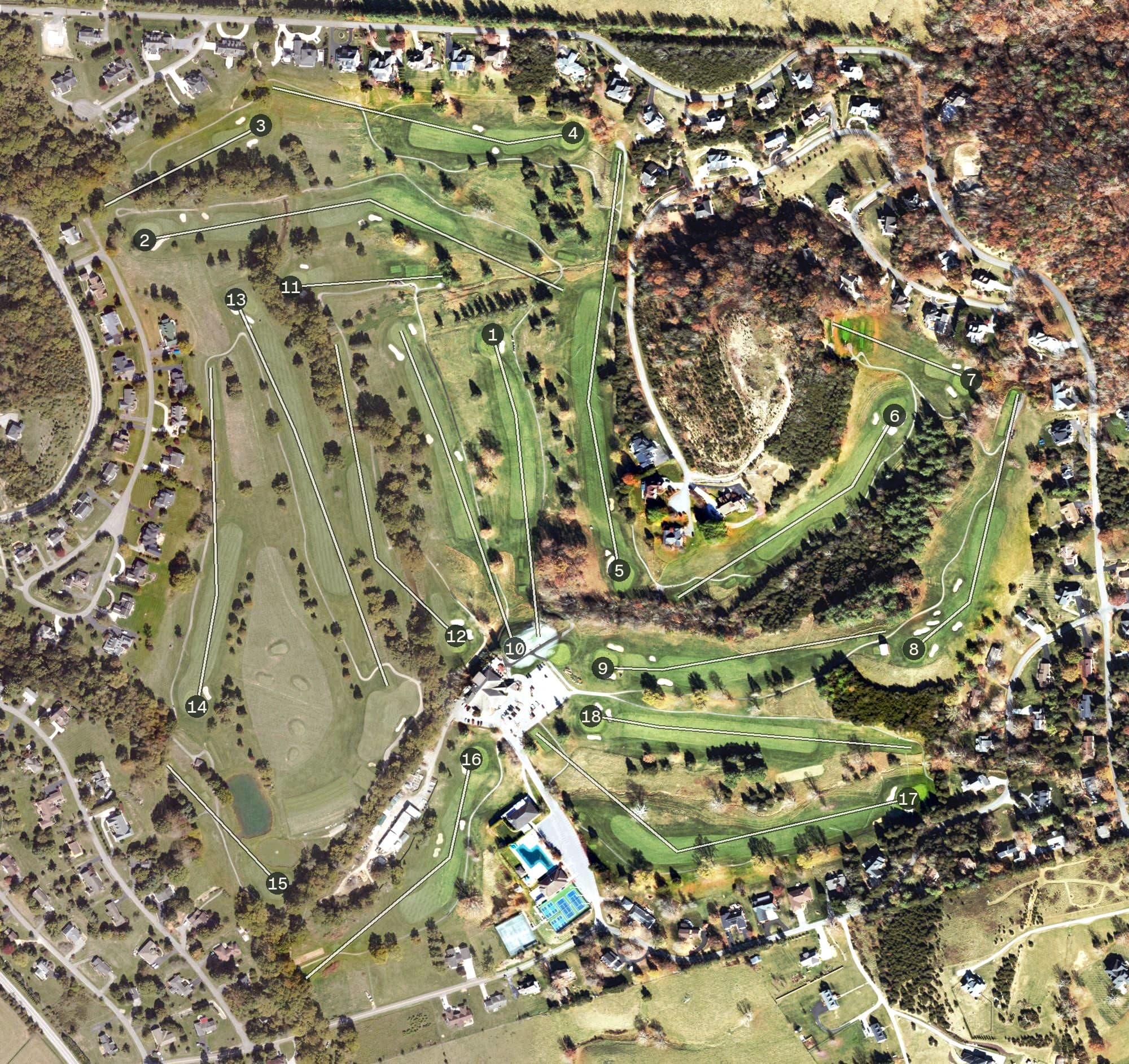 Aerial view of Blacksburg Country Club, VA, with its hole routing marked