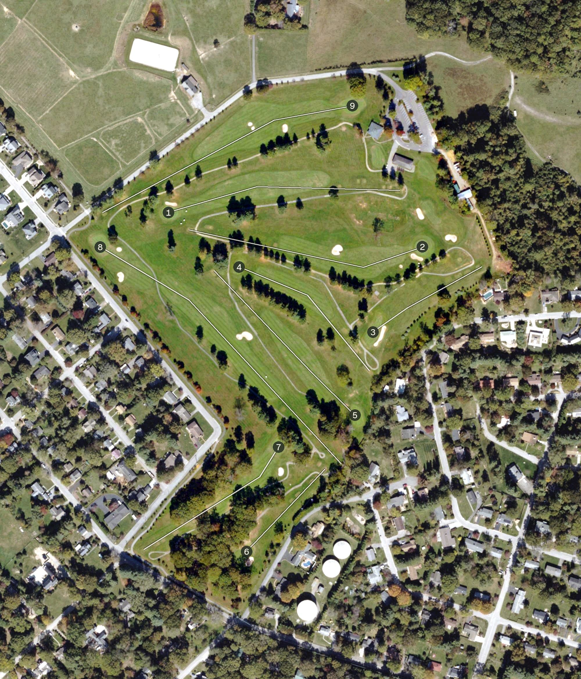 Aerial view of Blacksburg Municipal Golf Course, VA, with its hole routing marked