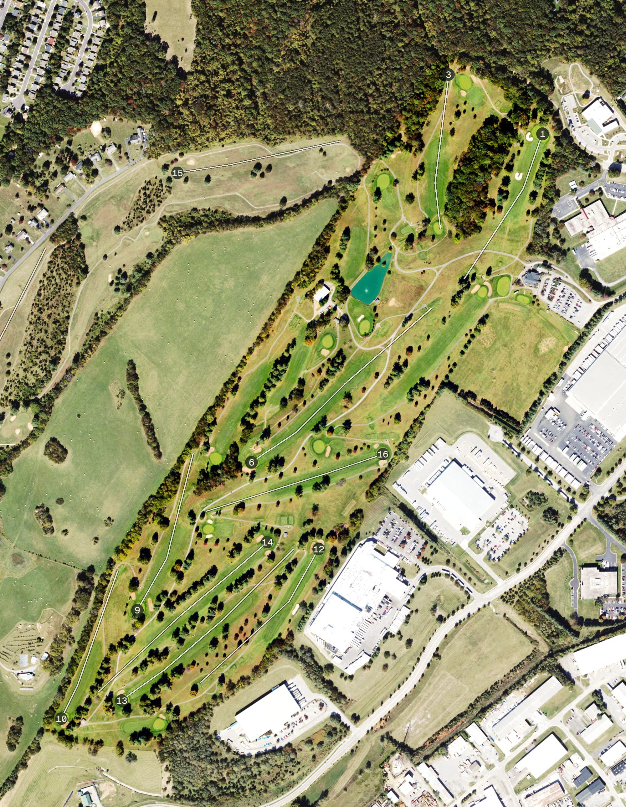 Aerial view of Blue Hills Golf Club, VA, with its hole routing marked