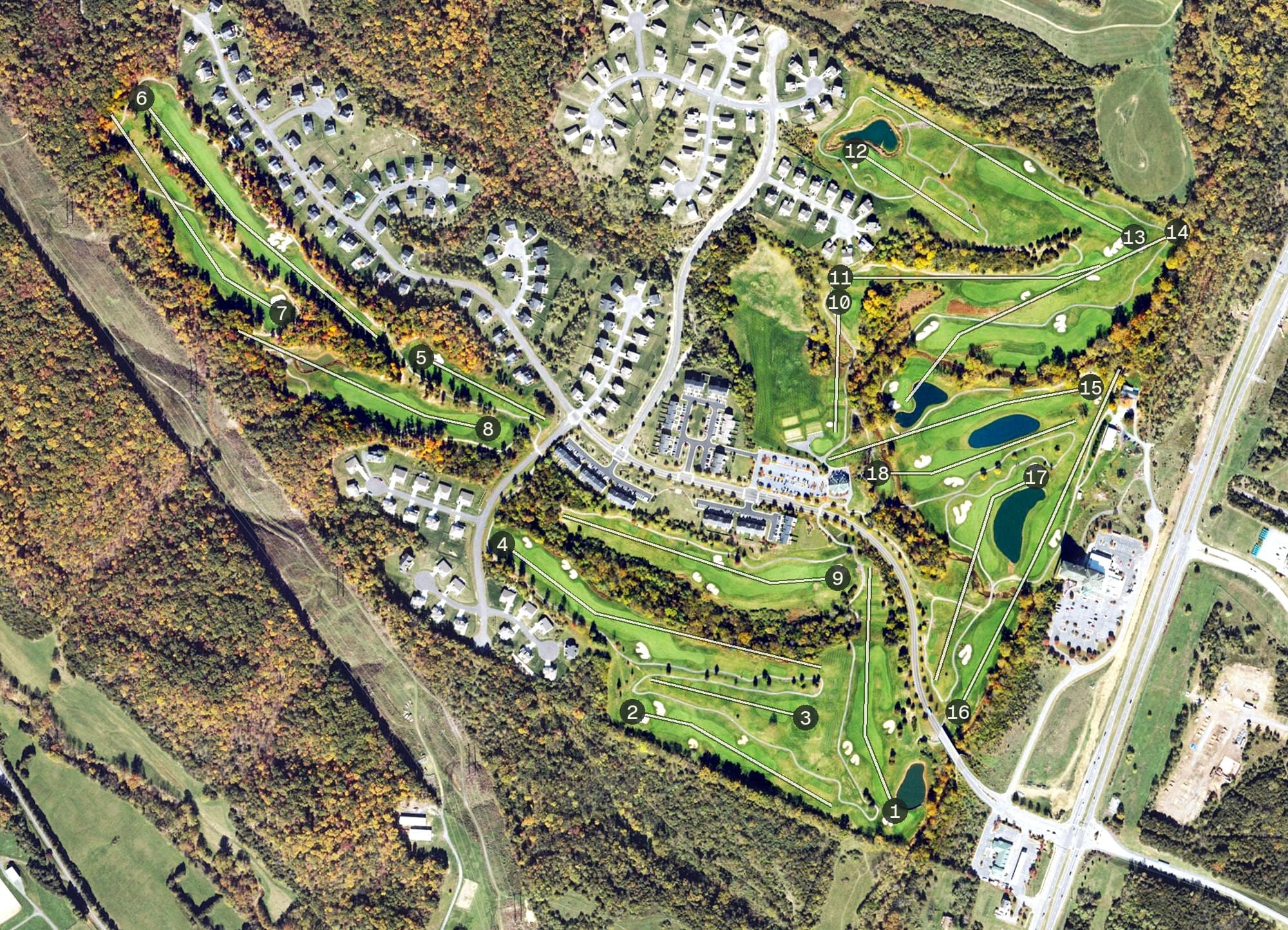 Aerial view of Blue Ridge Shadows Golf Club, VA, with its hole routing marked