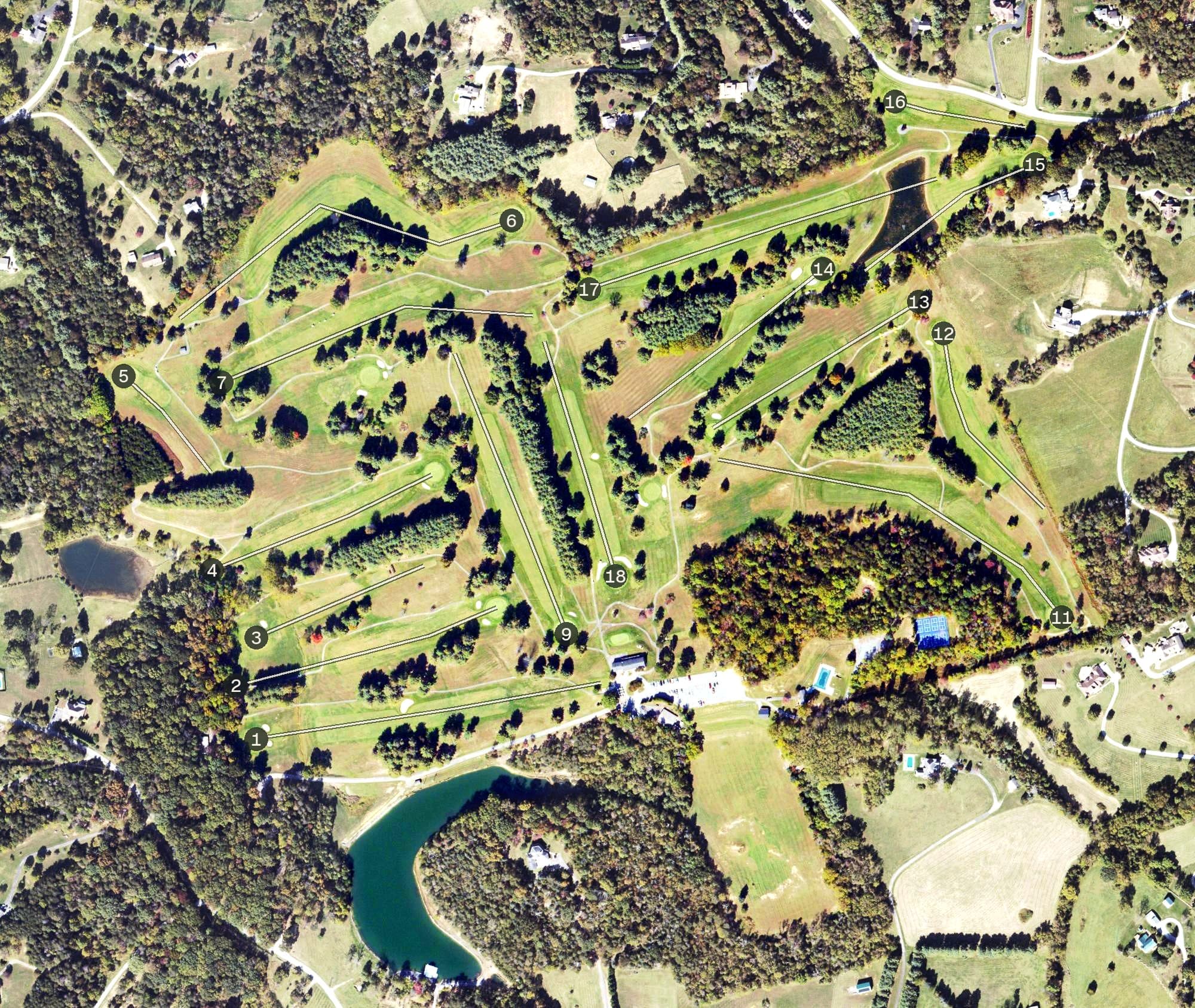 Aerial view of Botetourt Golf & Swim Club, VA, with its hole routing marked