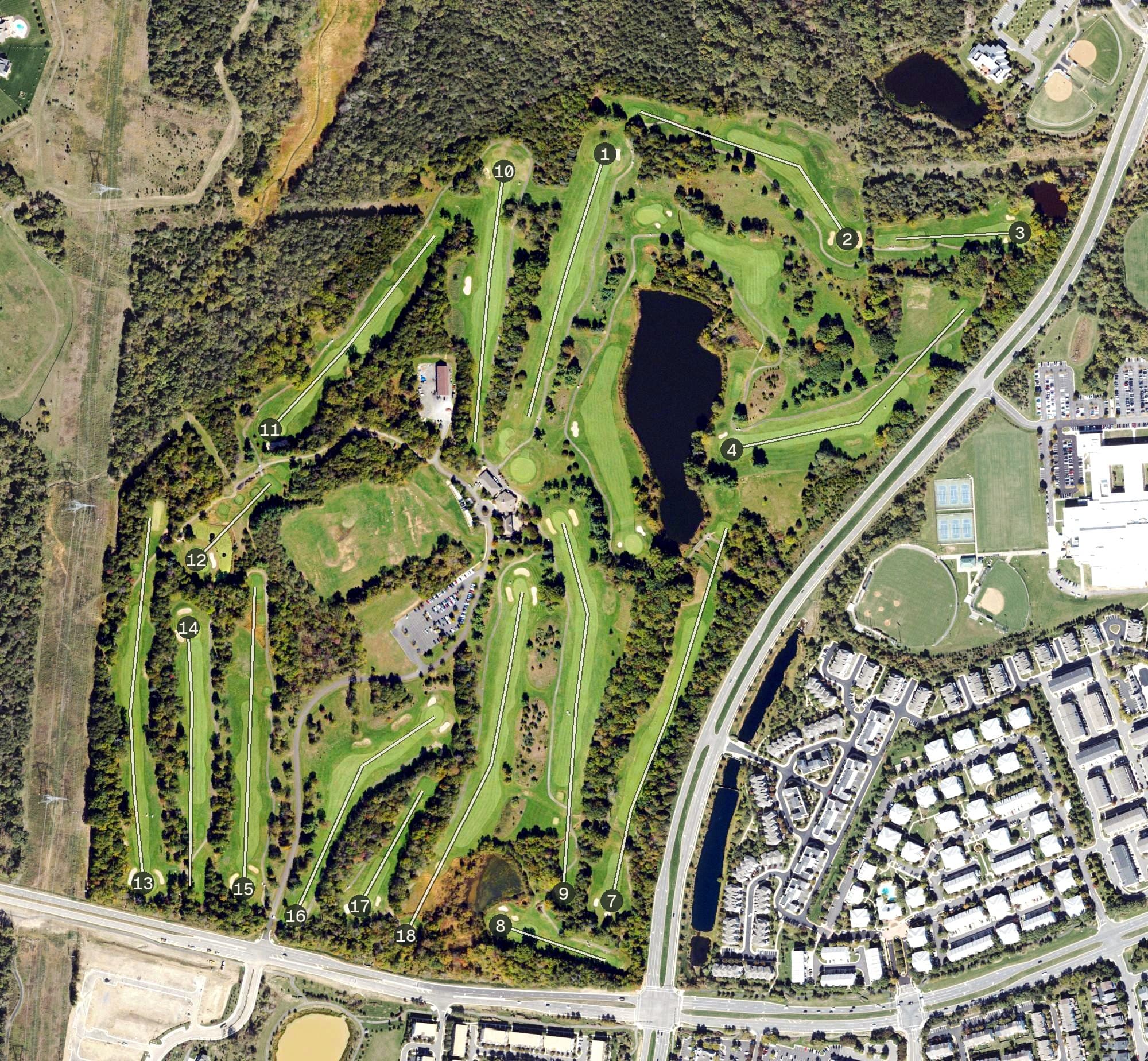 Aerial view of Brambleton Golf Club, VA, with its hole routing marked