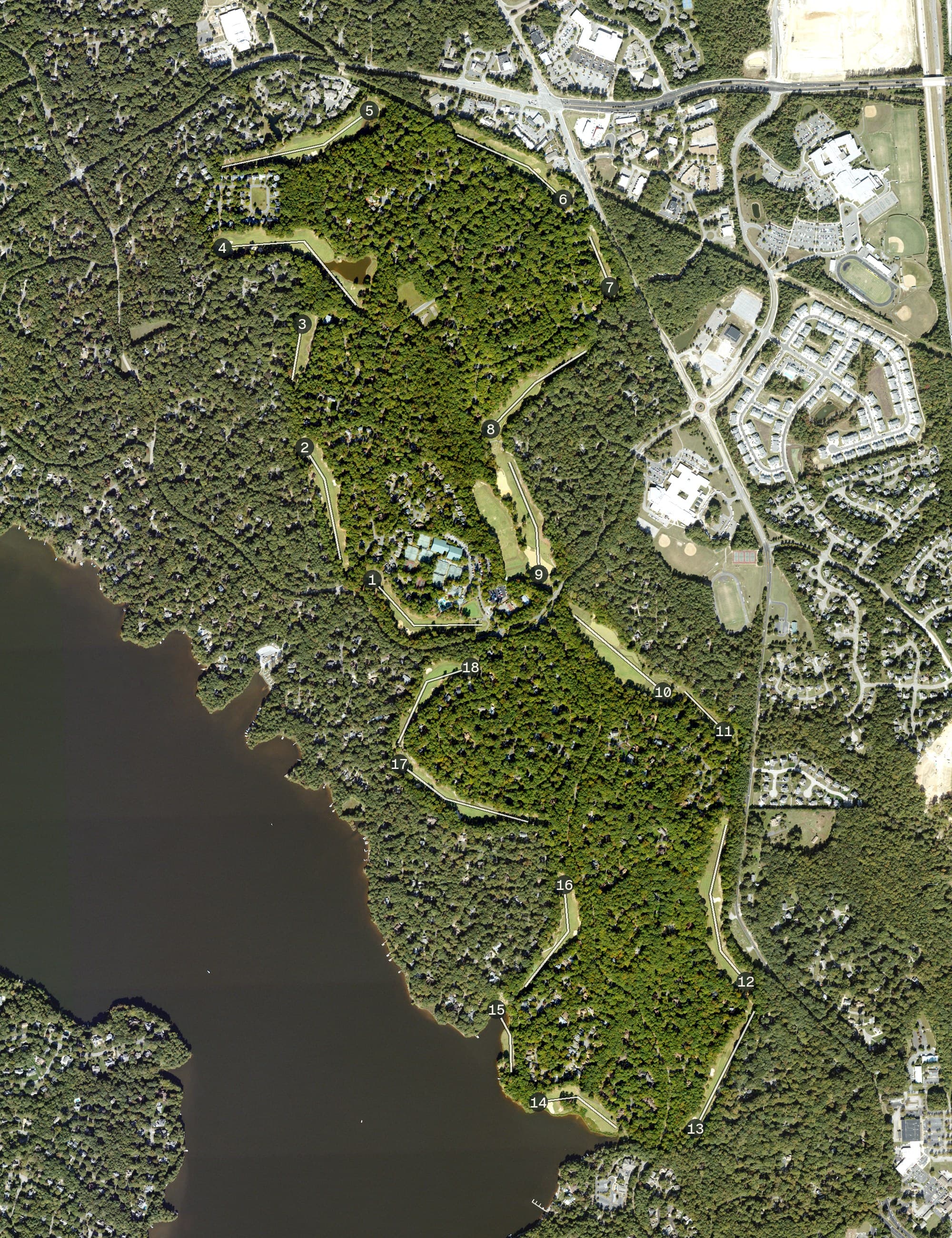 Aerial view of Brandermill Country Club, VA, with its hole routing marked