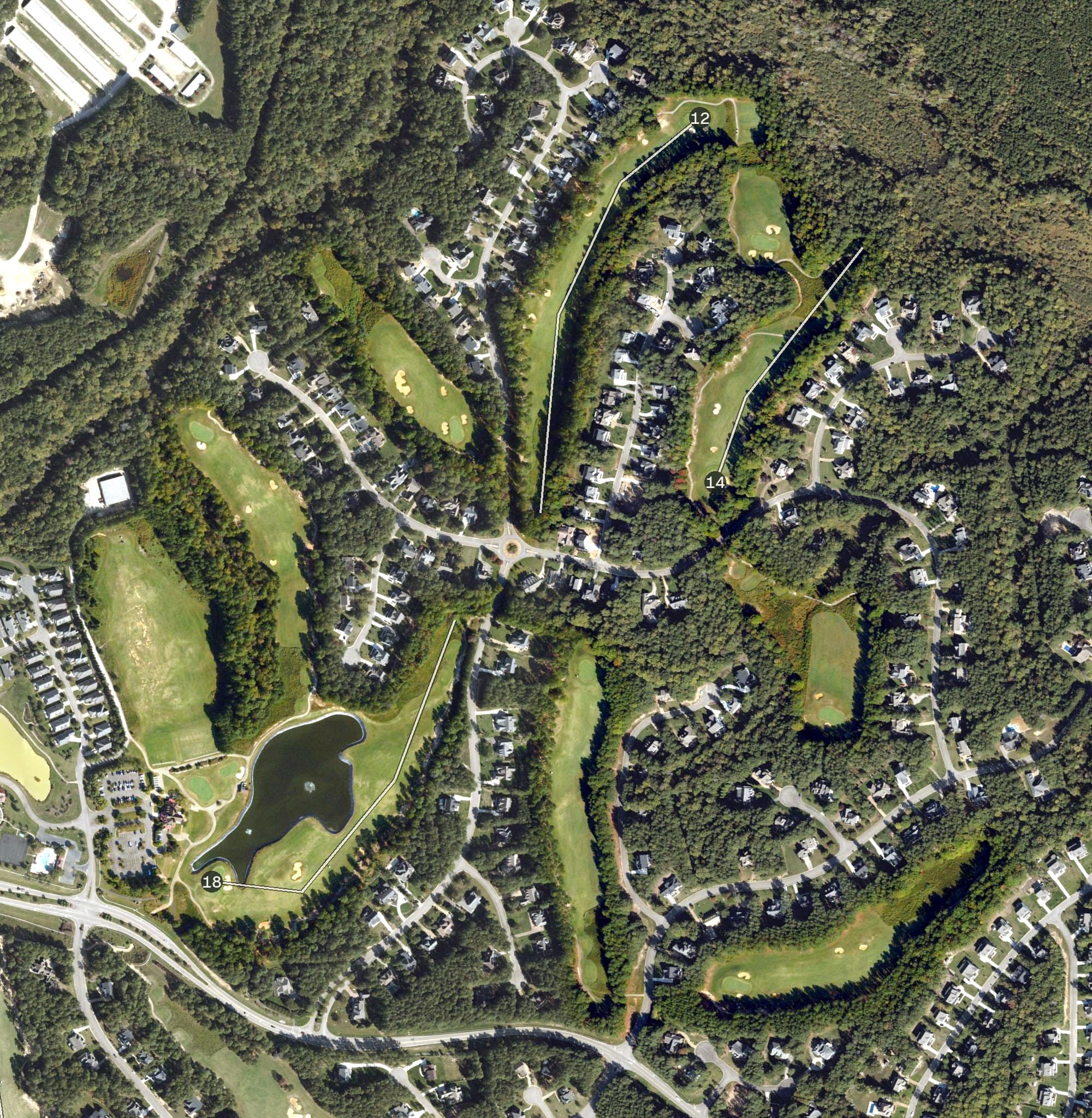 Aerial view of Brickshire Golf Club, VA, with its hole routing marked