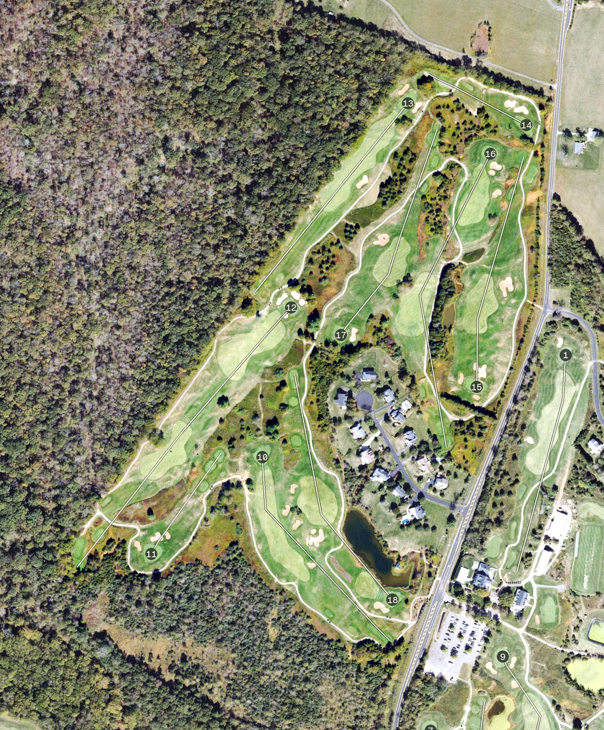 Aerial view of Bristow Manor Golf Club, VA, with its hole routing marked