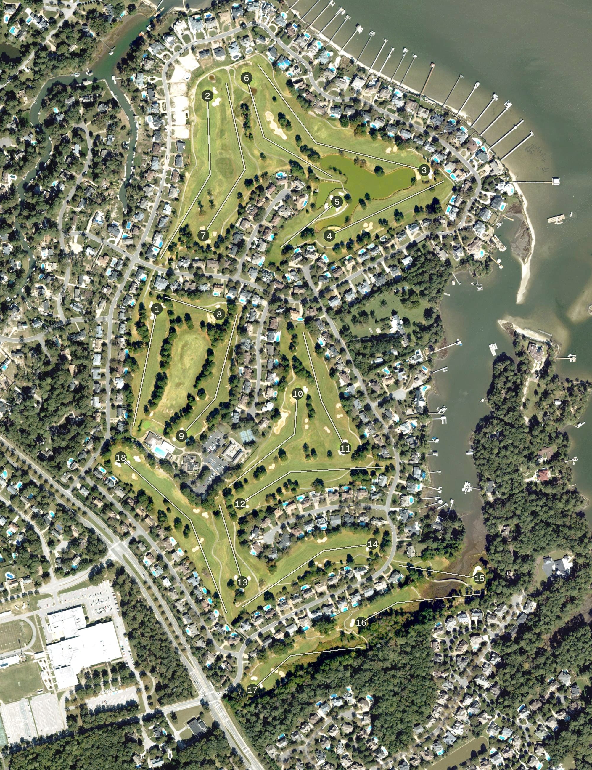 Aerial view of Broad Bay Country Club, VA, with its hole routing marked