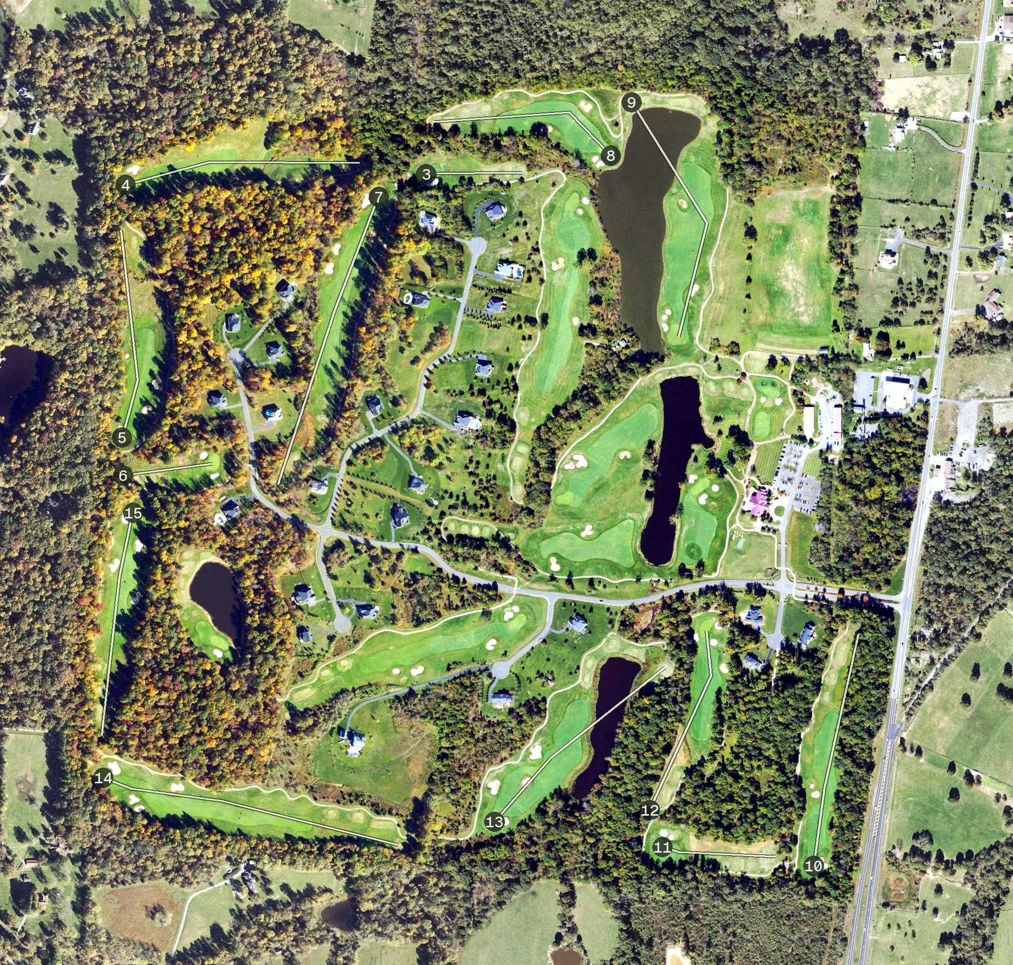 Aerial view of Bull Run Golf Course, VA, with its hole routing marked