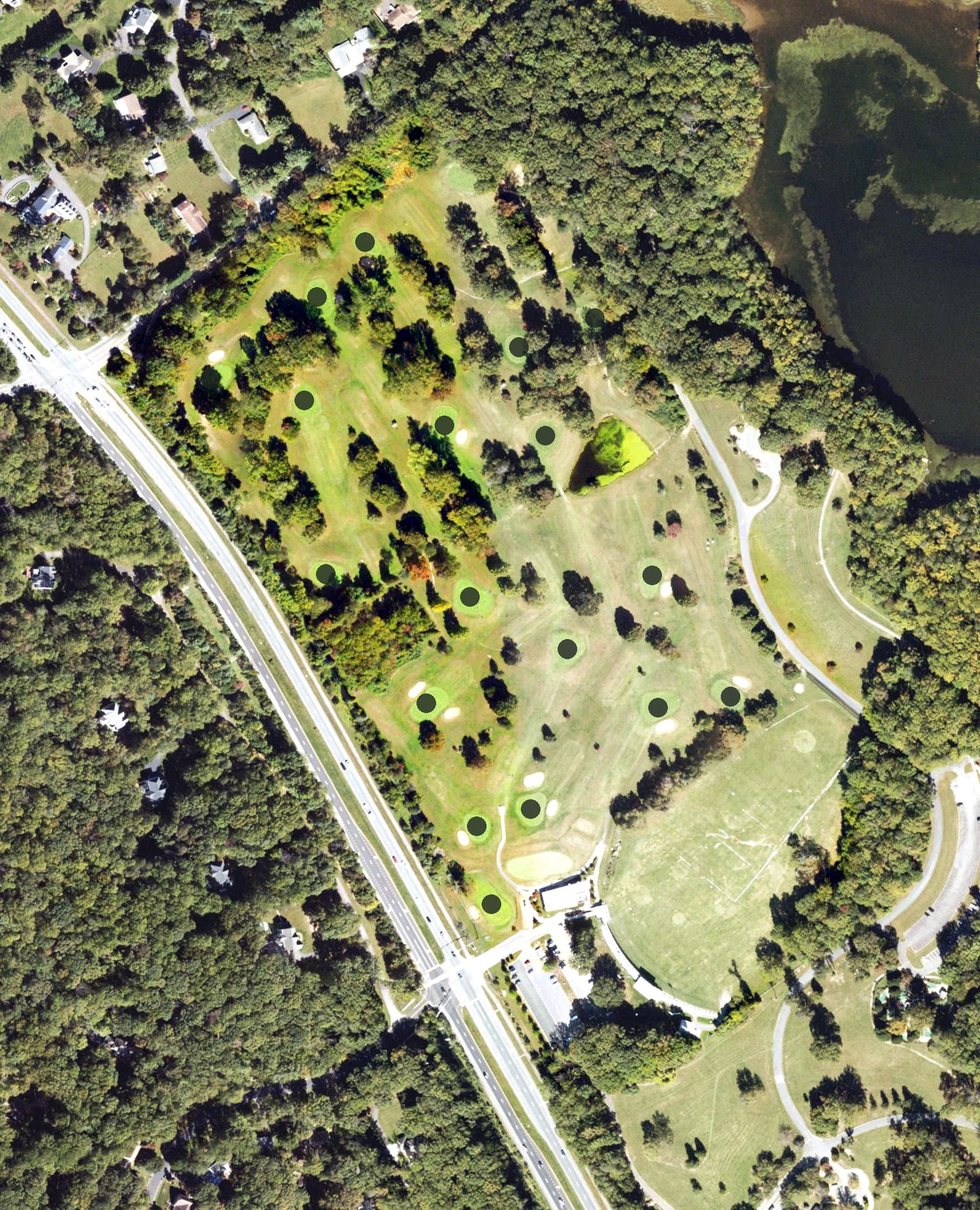 Aerial view of Burke Lake Golf, VA, with its hole routing marked