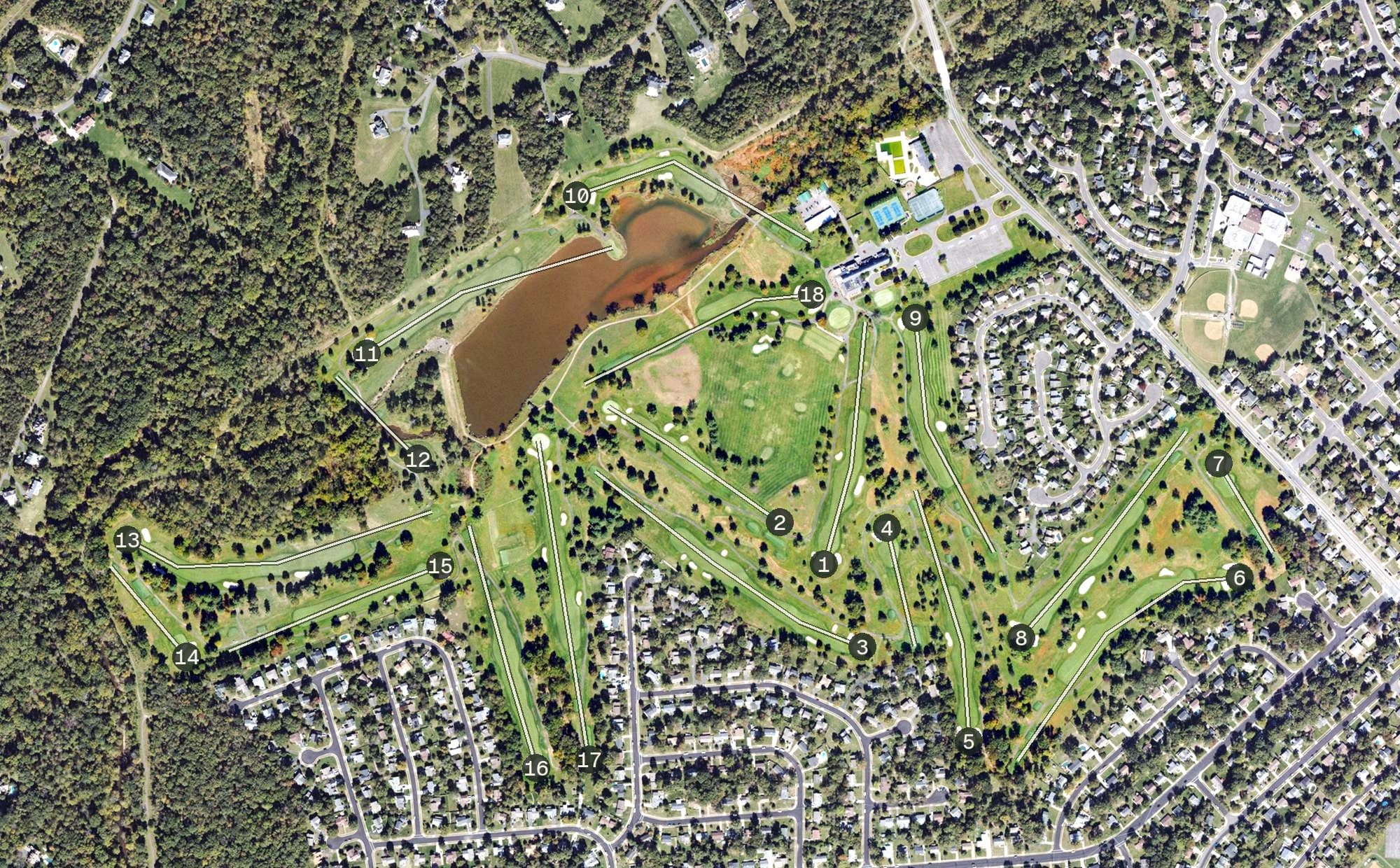 Aerial view of Chantilly National Golf and Country Club, VA, with its hole routing marked