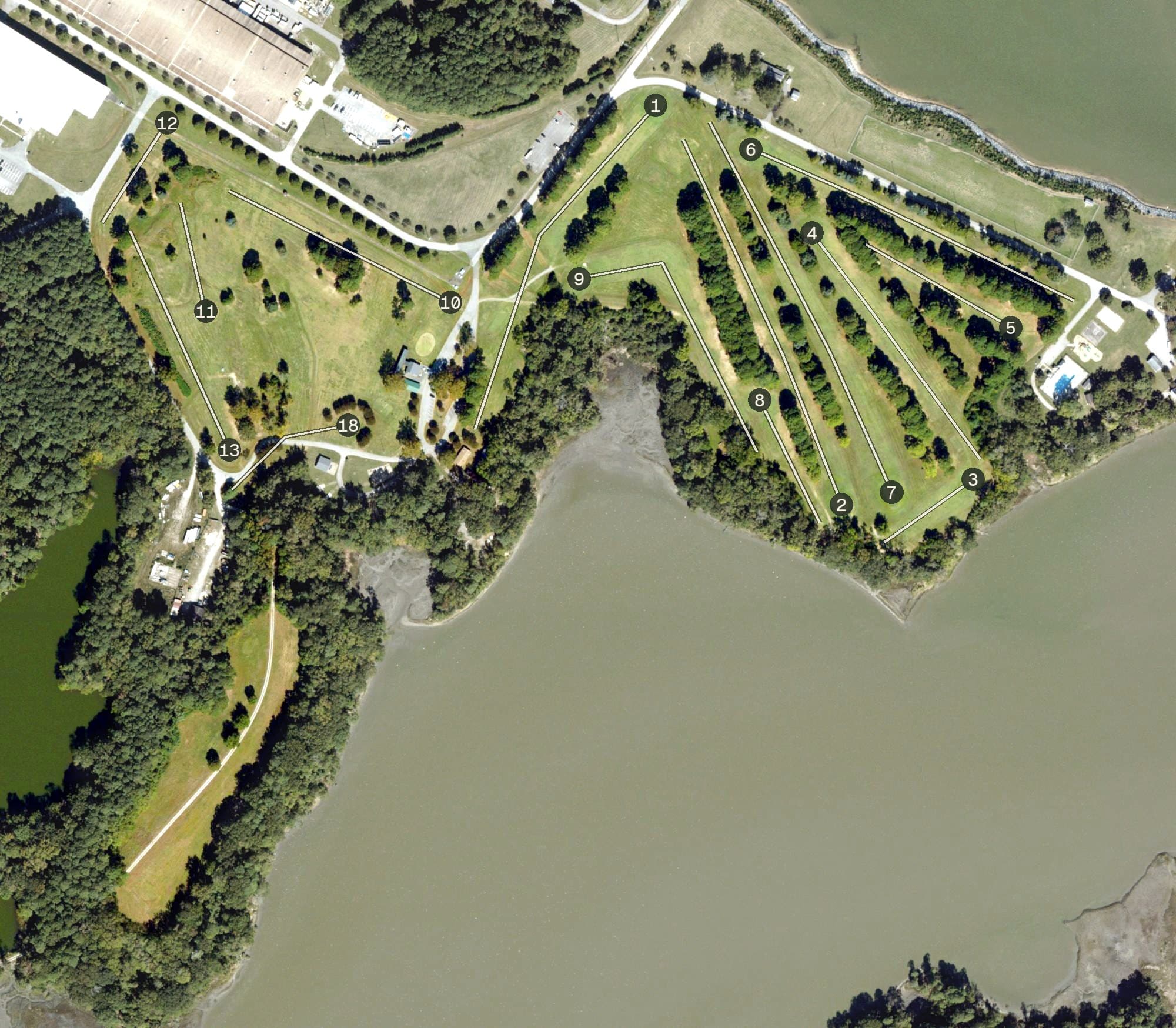 Aerial view of Cheatham Annex Deer Cove Golf Course, VA, with its hole routing marked