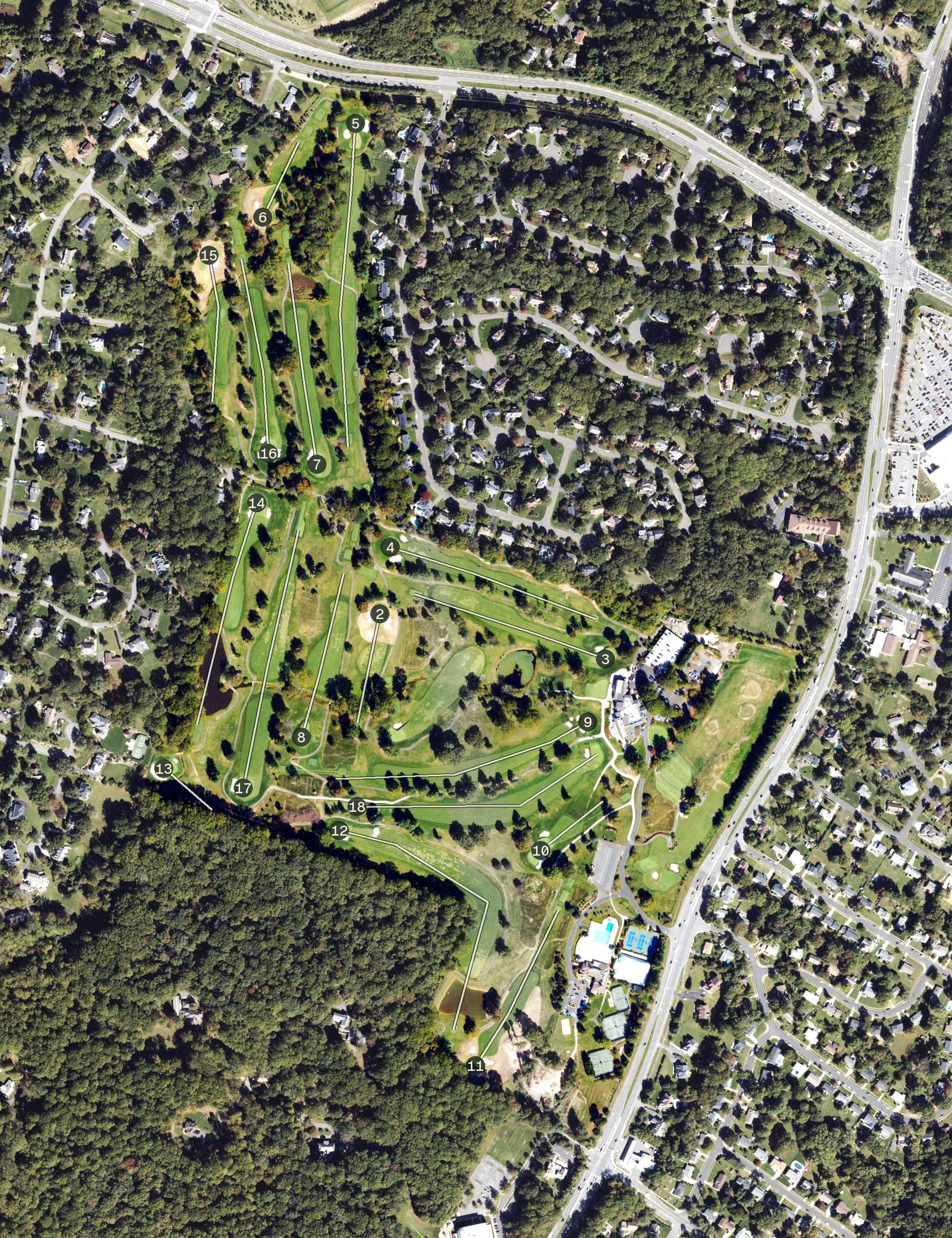 Aerial view of Country Club Of Fairfax, VA, with its hole routing marked