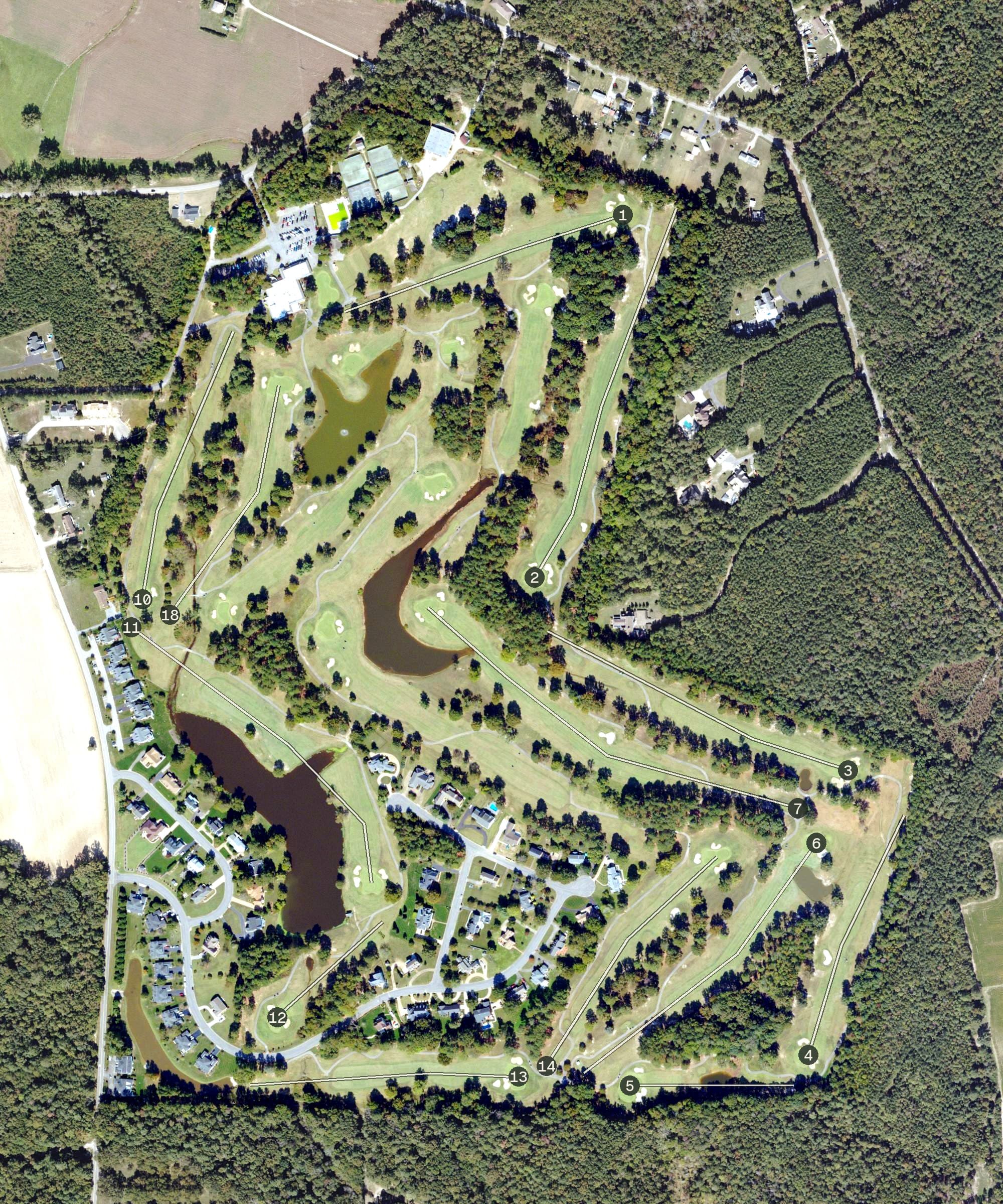 Aerial view of Country Club of Petersburg, VA, with its hole routing marked