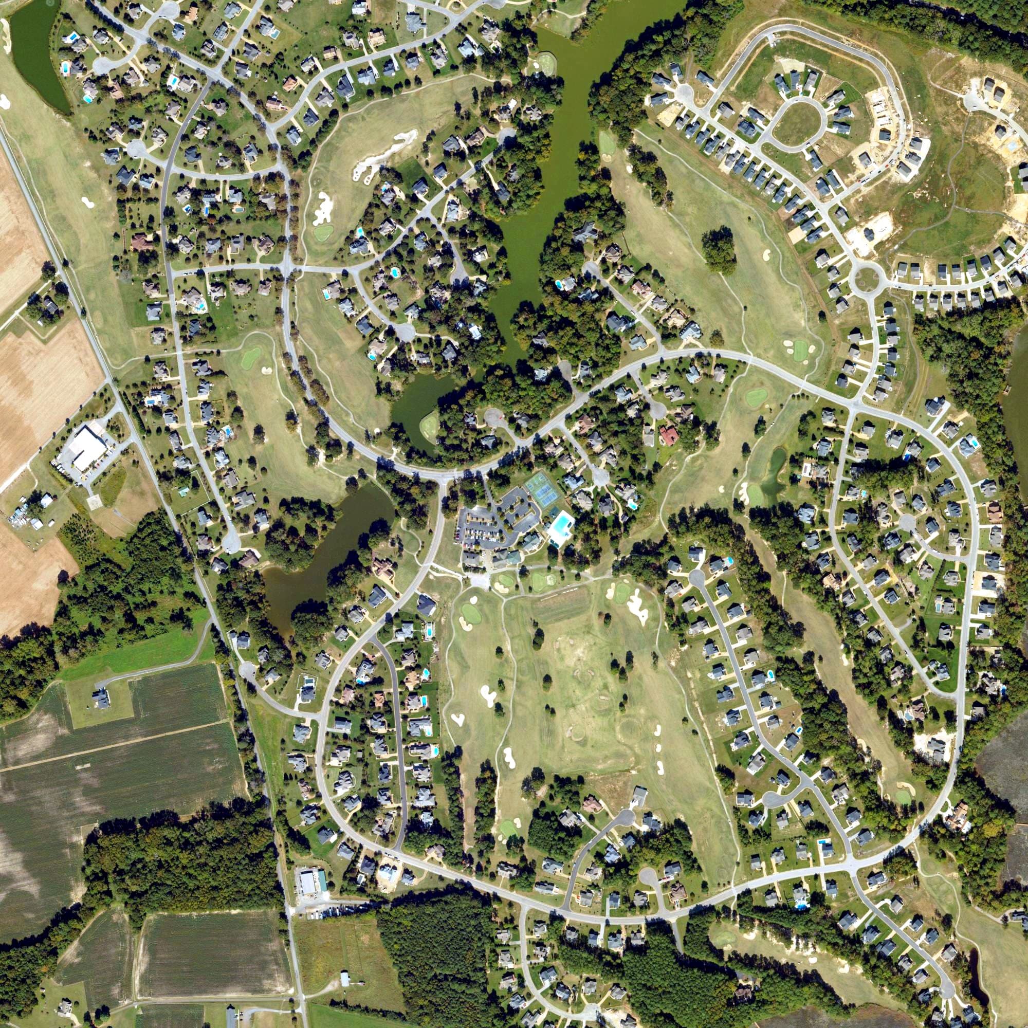 Aerial view of Cypress Creek Golfers' Club, VA, with its hole routing marked