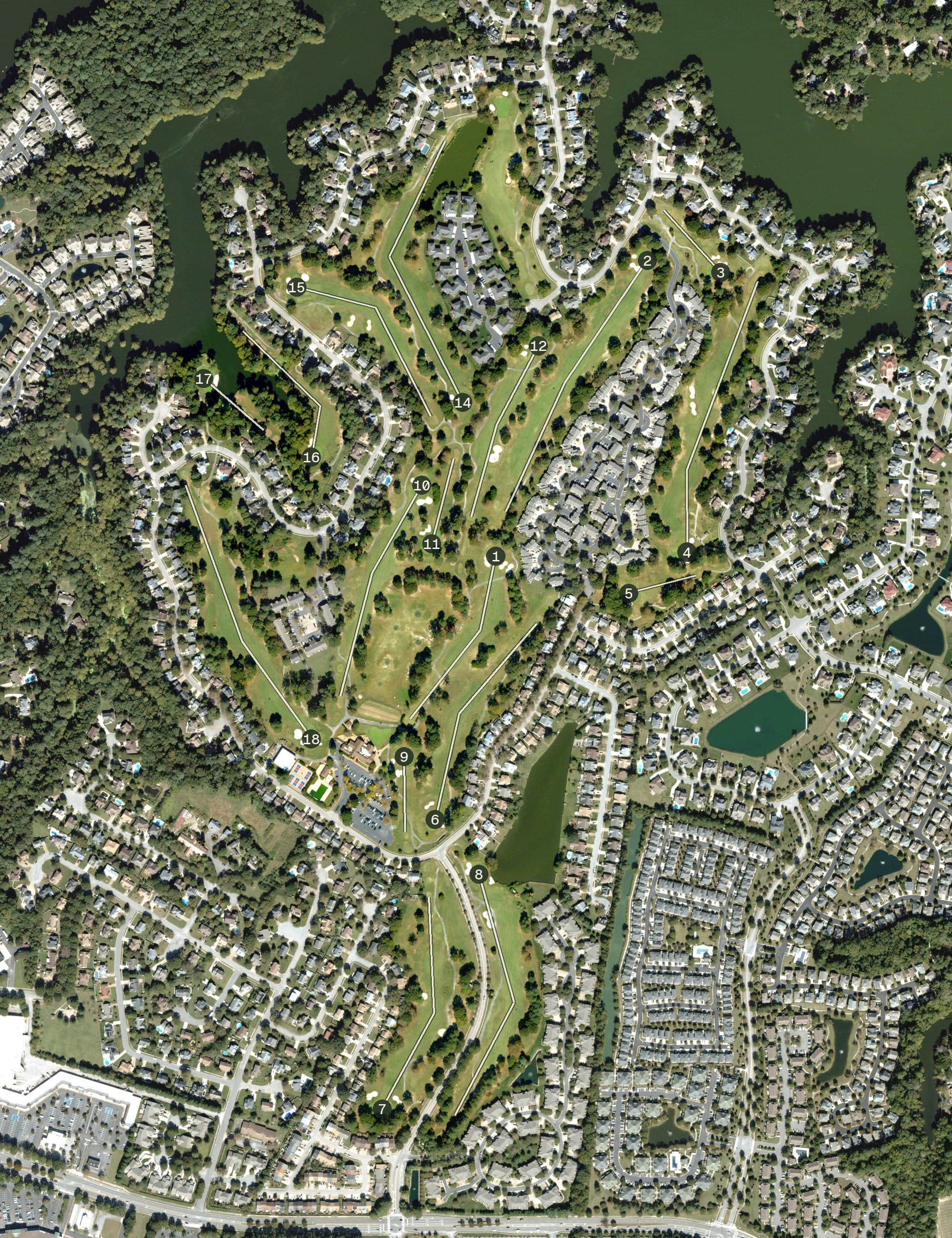 Aerial view of Cypress Point Country Club, VA, with its hole routing marked