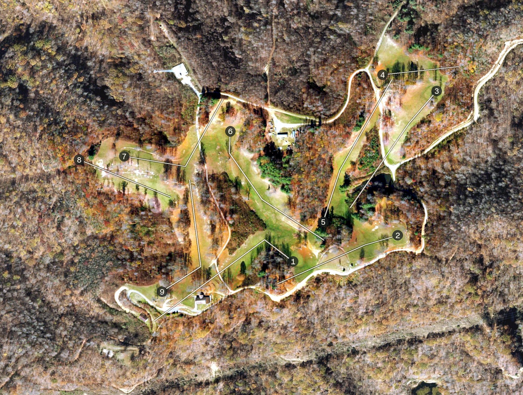 Aerial view of Dan Hall Mountain Golf Course, VA, with its hole routing marked