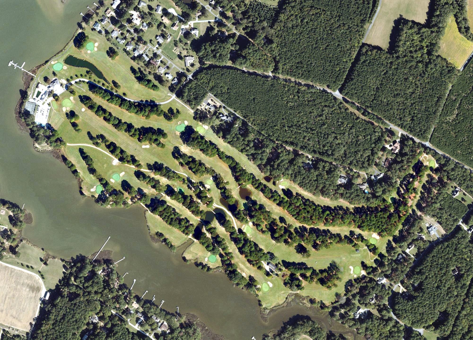 Aerial view of Eastern Shore Yacht and Country Club Golf Course, VA, with its hole routing marked