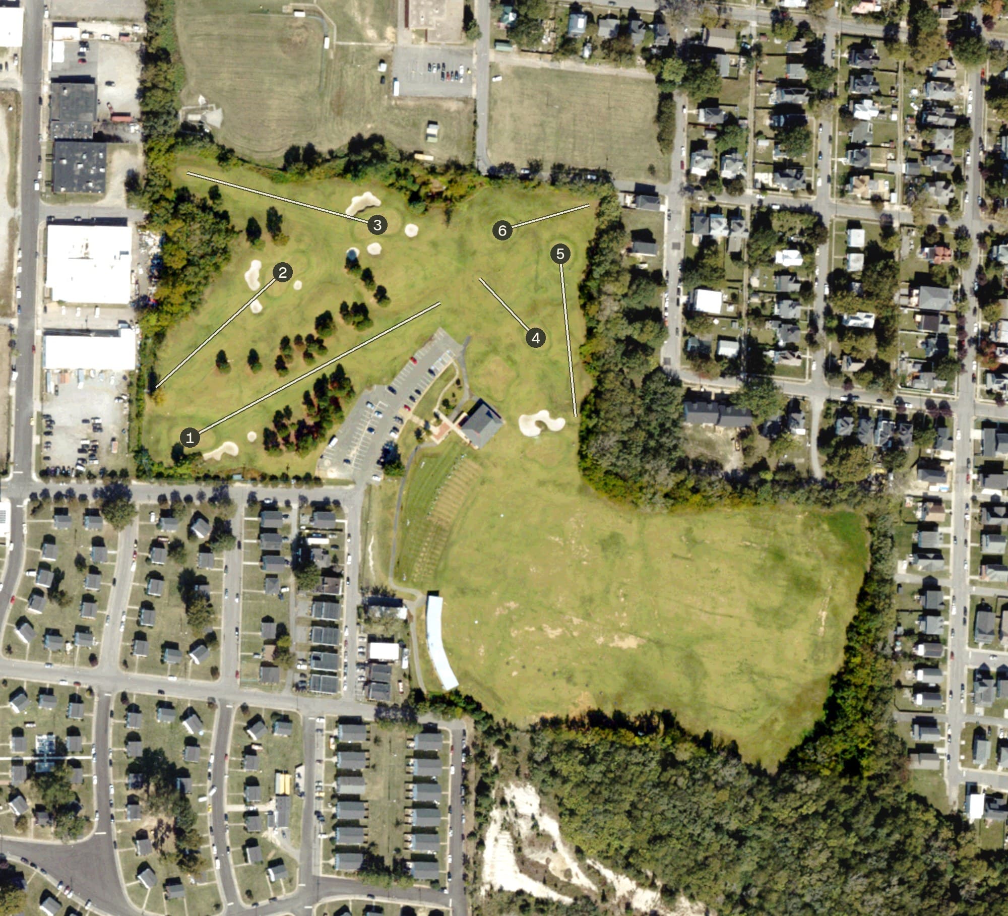 Aerial view of Elson Redmond Memorial Driving Range, VA, with its hole routing marked