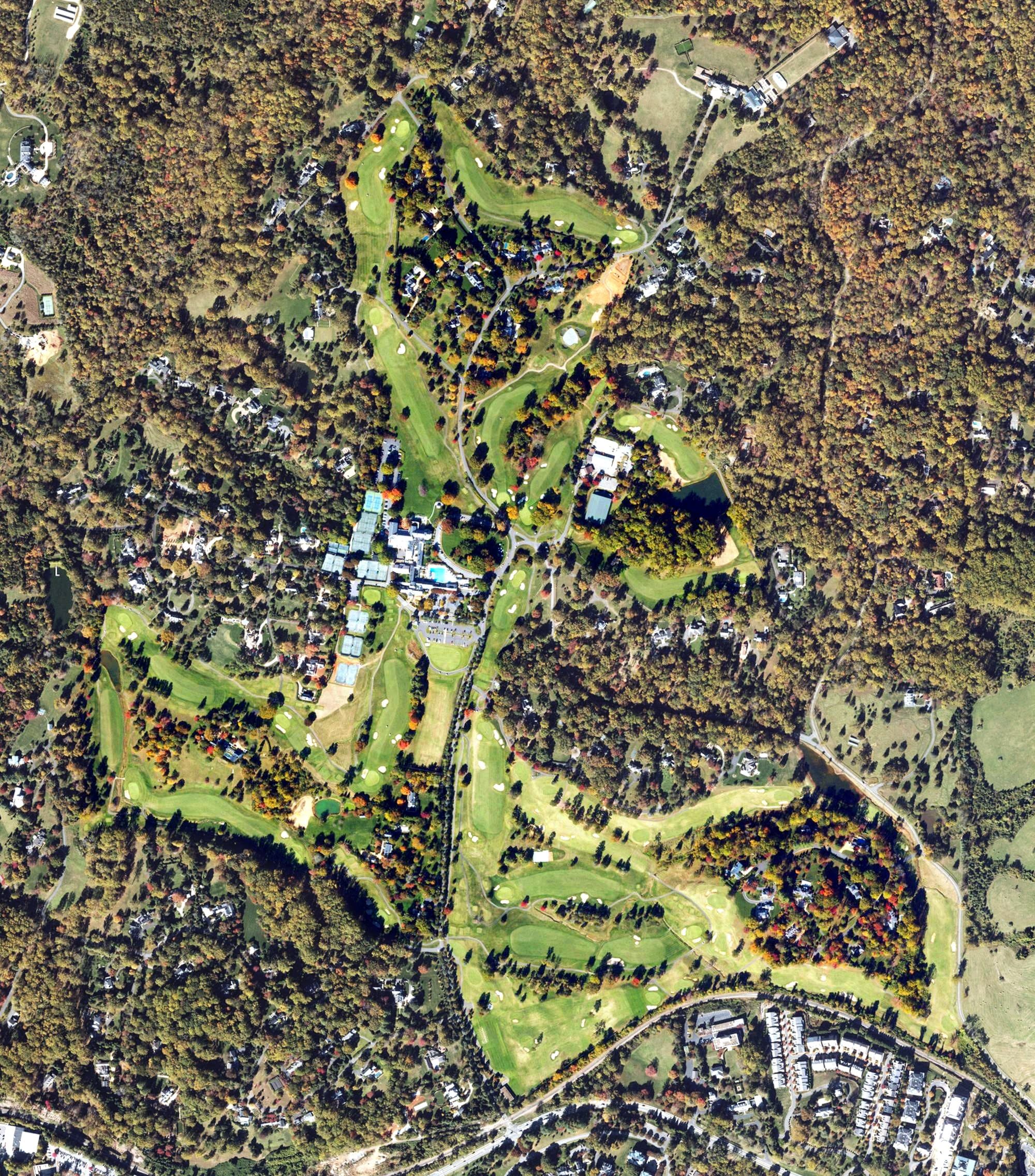 Aerial view of Farmington Country Club, VA, with its hole routing marked