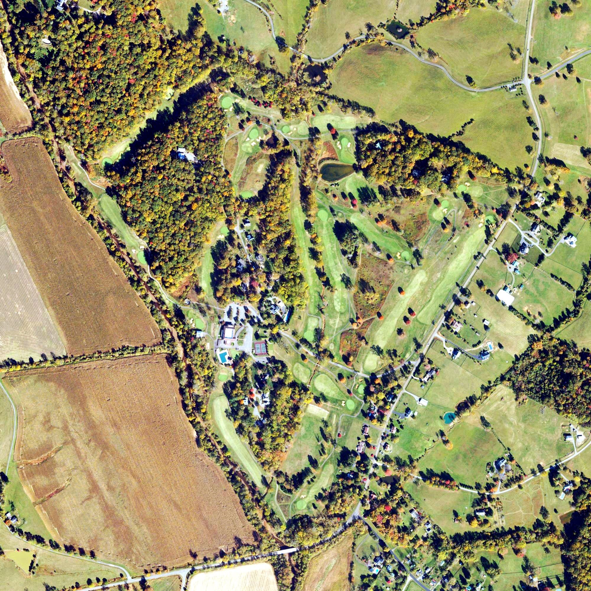 Aerial view of Fauquier Springs Country Club, VA, with its hole routing marked