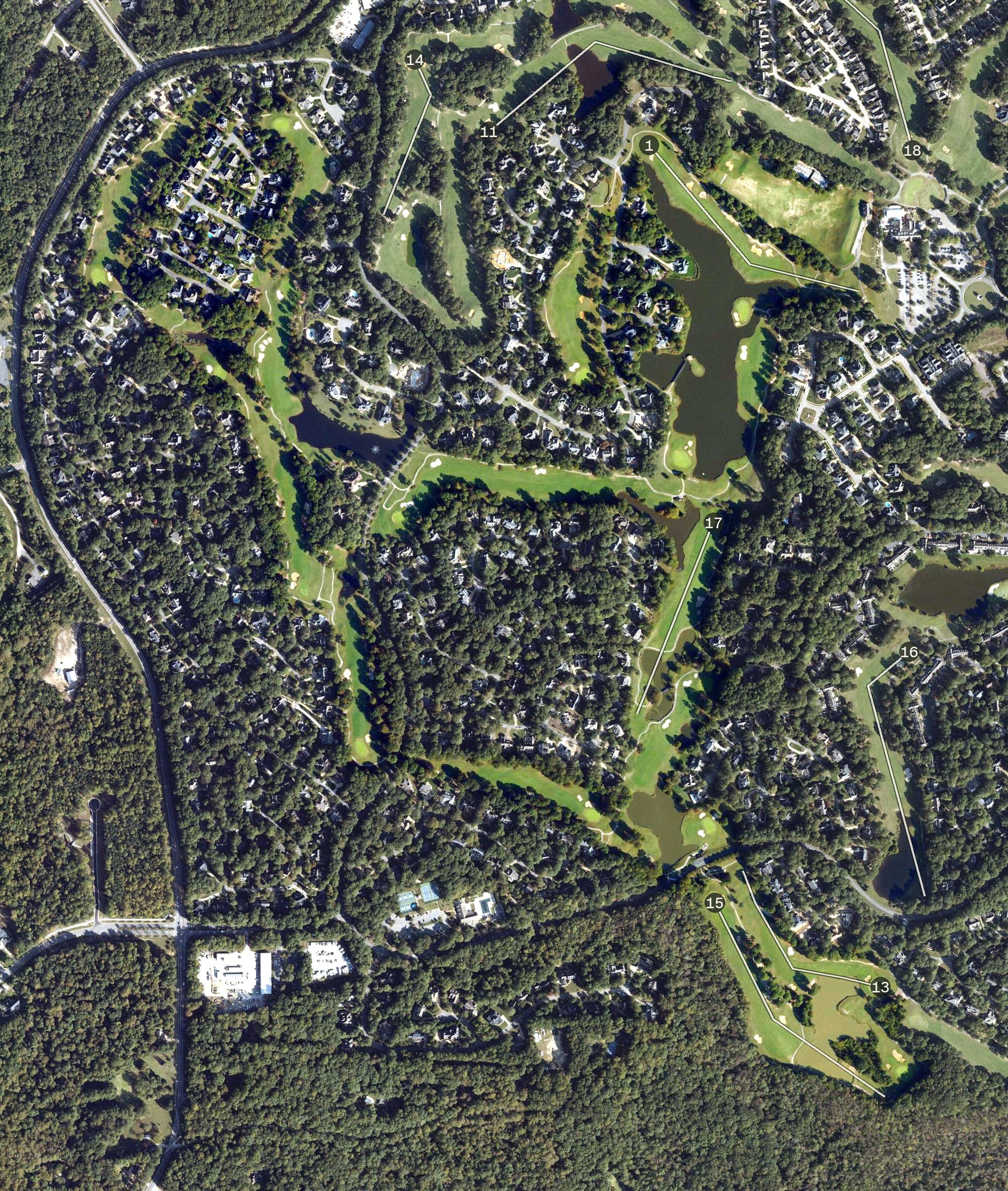 Aerial view of Ford's Colony Country Club - Blackheath Course, VA, with its hole routing marked