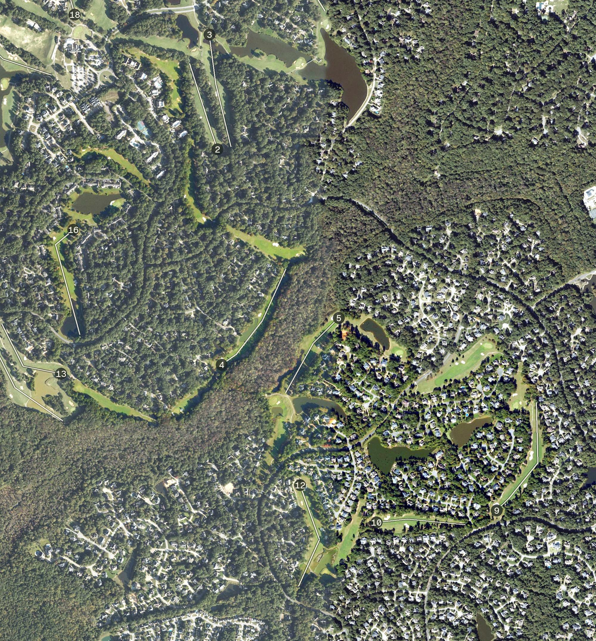 Aerial view of Ford's Colony Country Club - Blue Heron Course, VA, with its hole routing marked