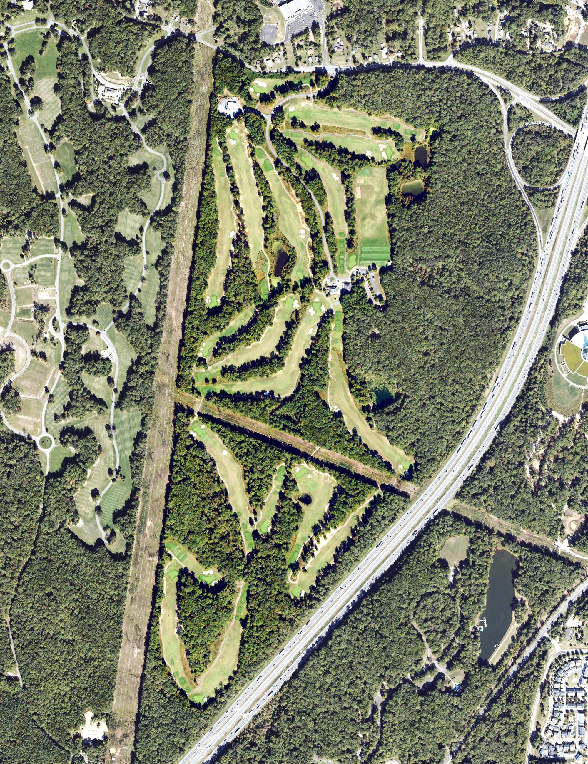 Aerial view of Forest Greens Golf Course, VA, with its hole routing marked