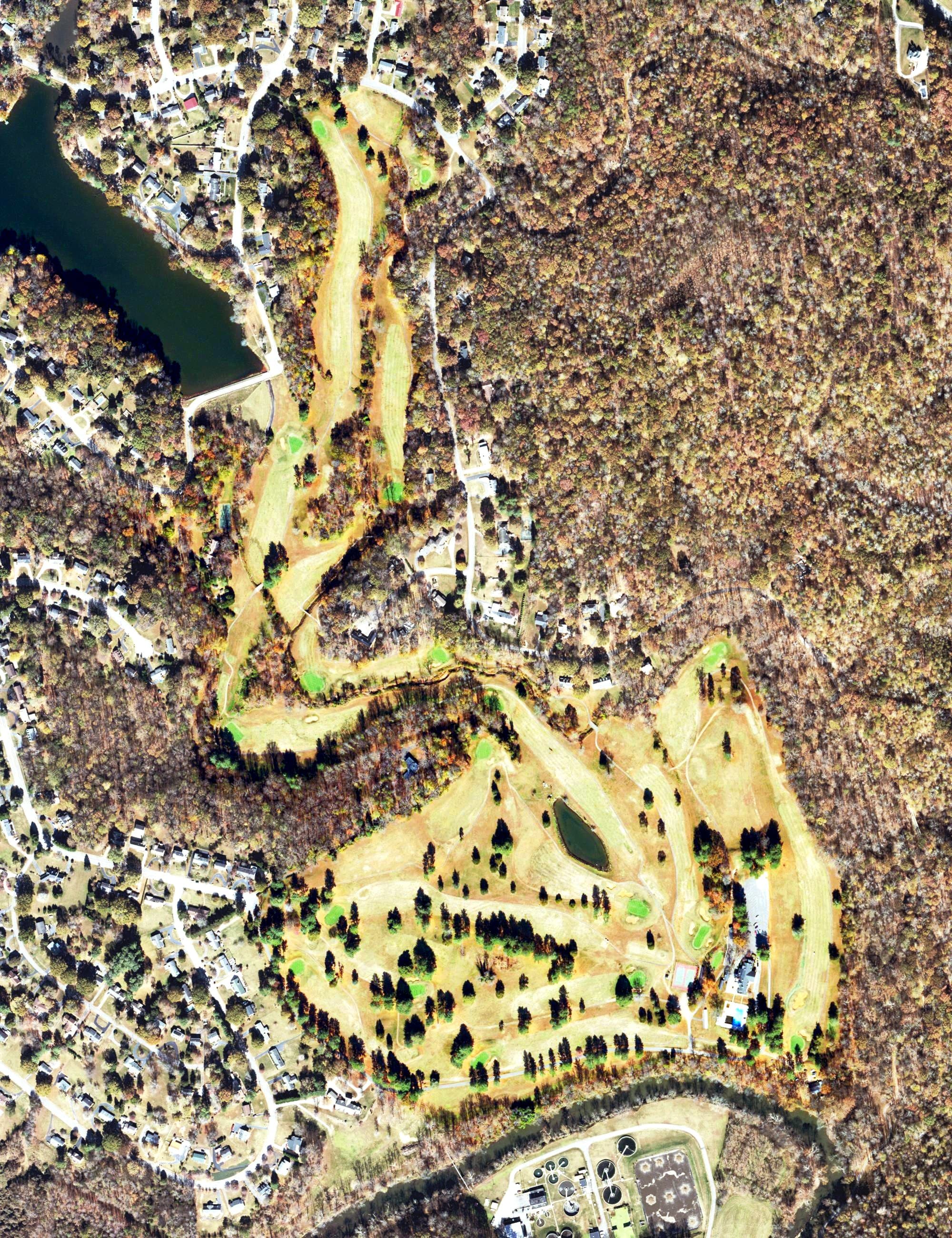Aerial view of Forest Park Country Club, VA, with its hole routing marked