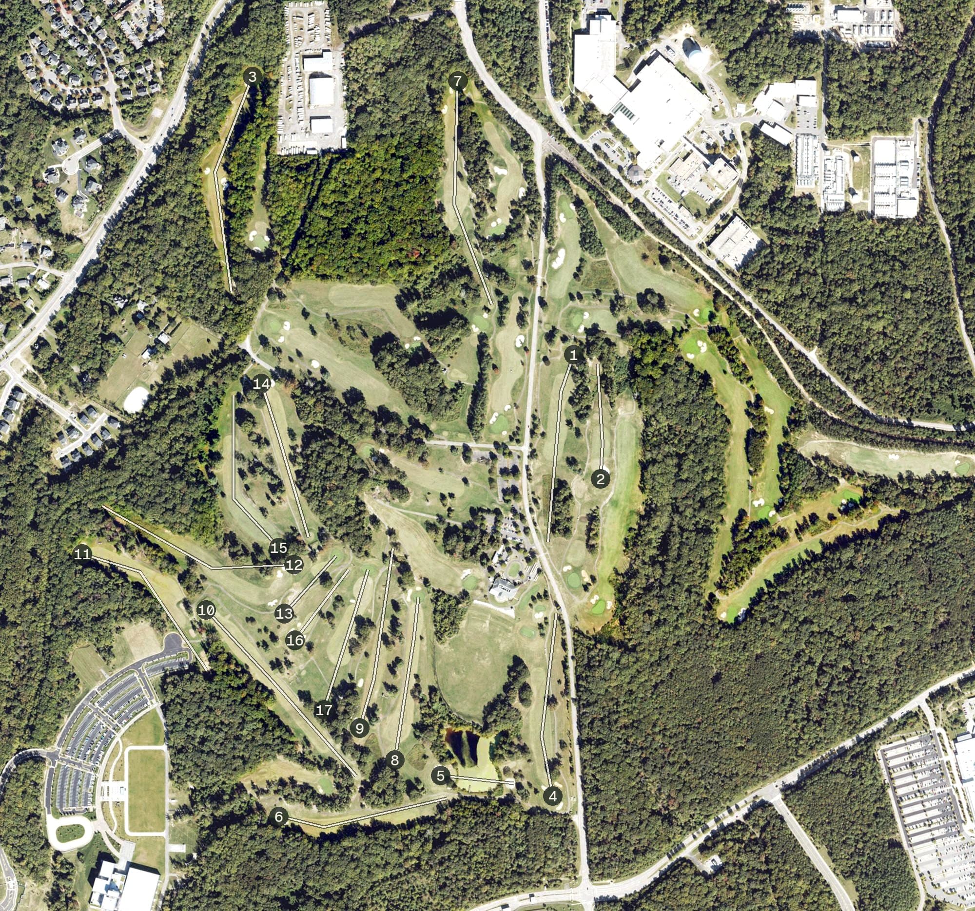 Aerial view of Fort Belvoir Golf Club, VA, with its hole routing marked