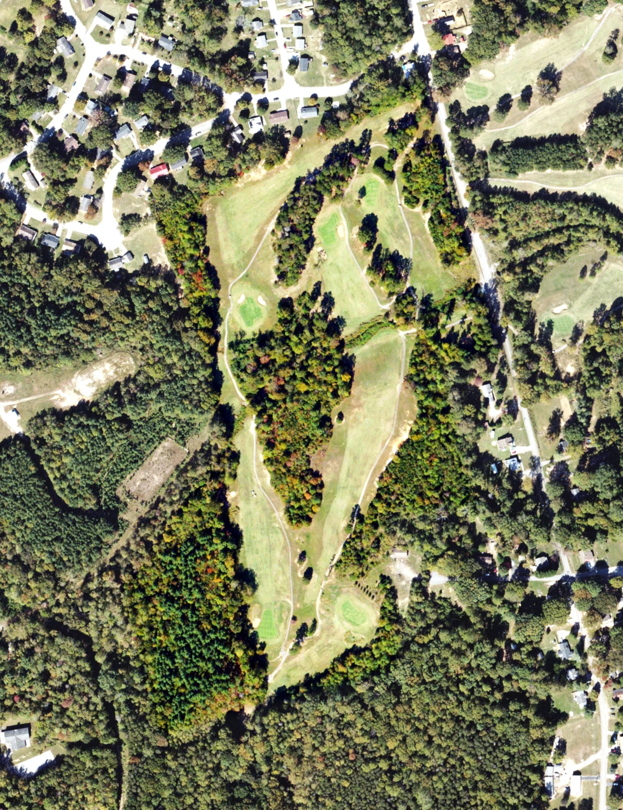 Aerial view of Glen Oak Golf Club, VA, with its hole routing marked