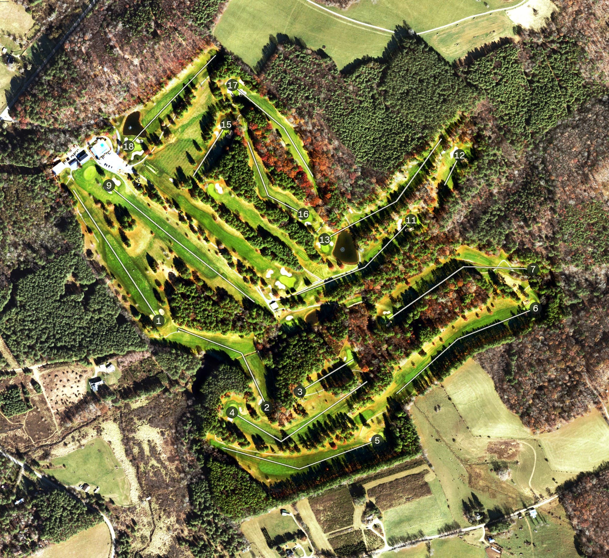 Aerial view of Great Oaks Country Club, VA, with its hole routing marked