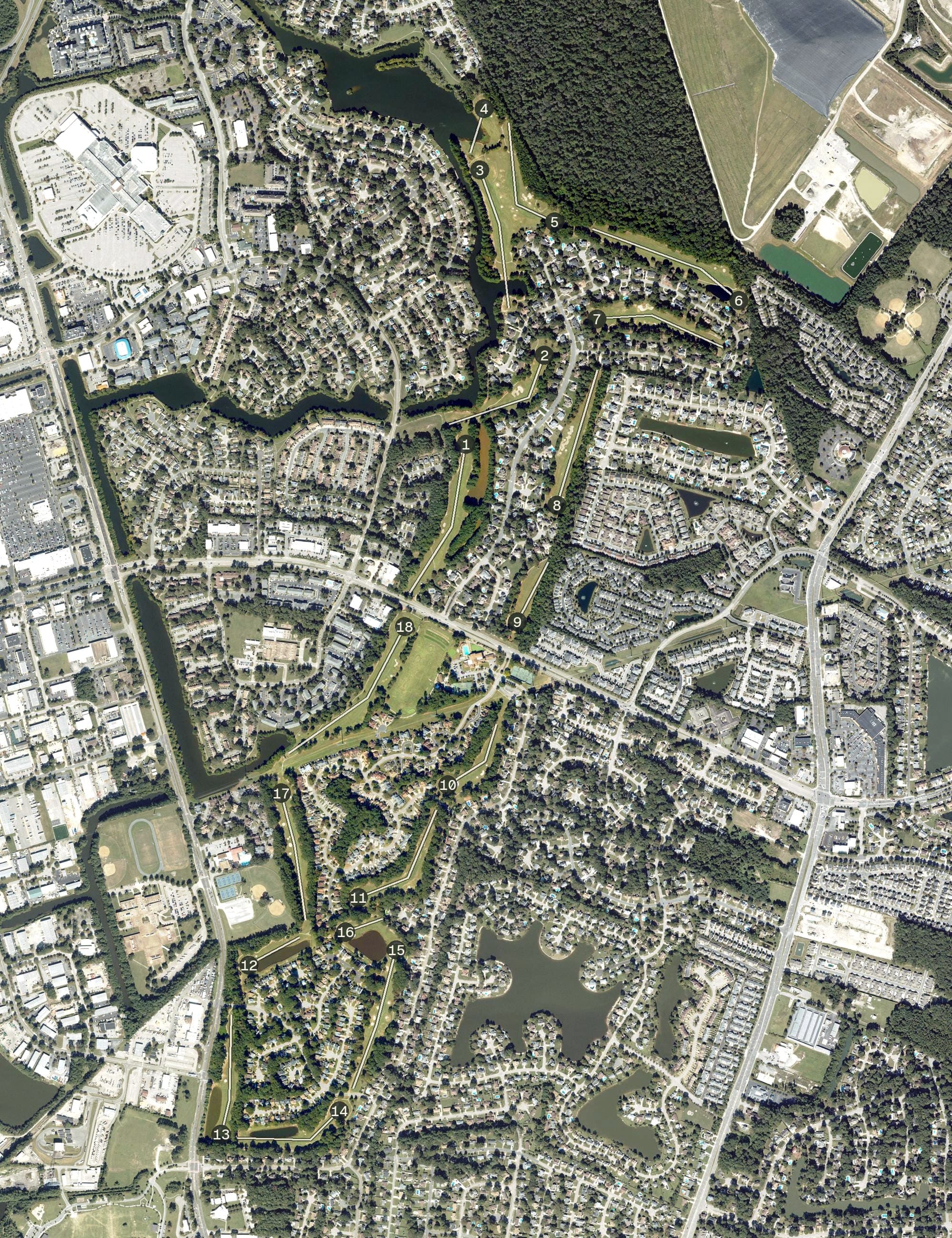 Aerial view of Greenbrier Country Club, VA, with its hole routing marked