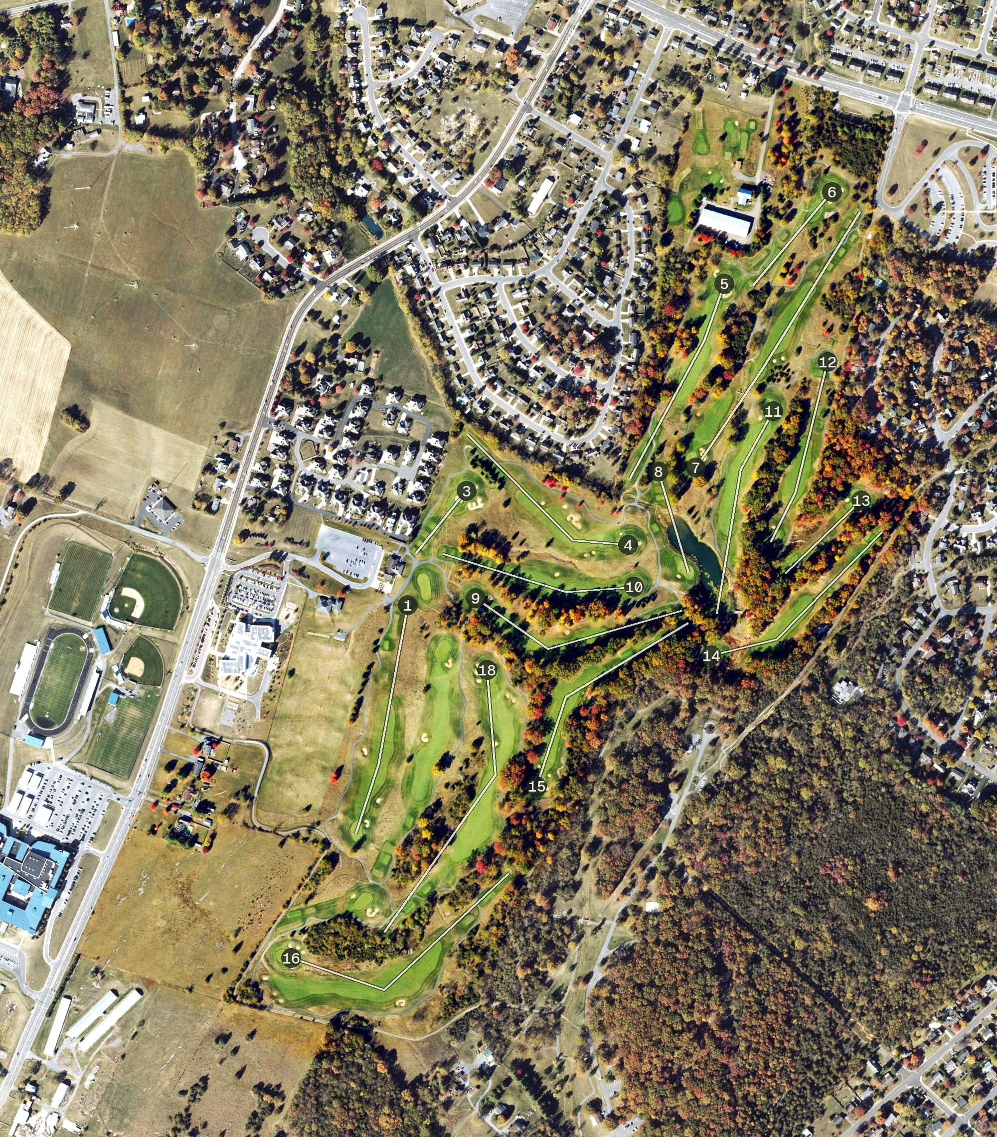 Aerial view of Heritage Oaks Golf Course, VA, with its hole routing marked