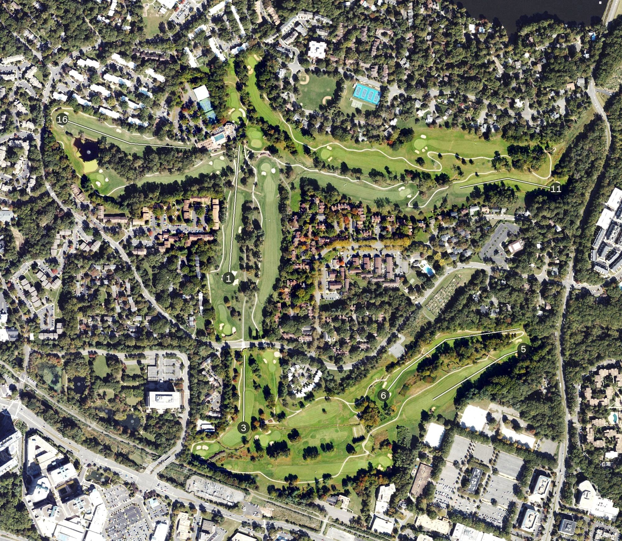 Aerial view of Hidden Creek Country Club, VA, with its hole routing marked