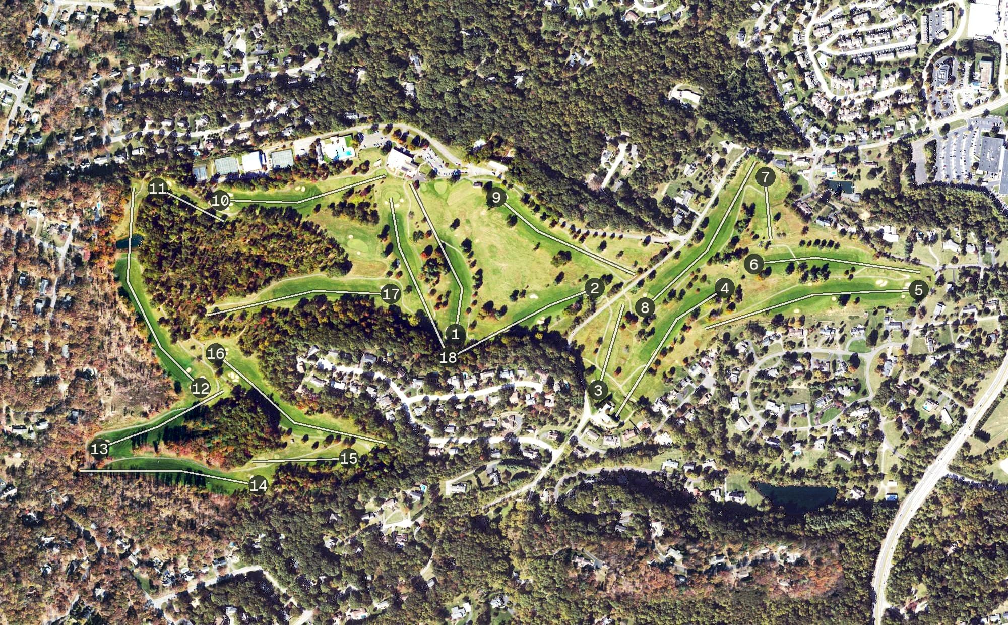 Aerial view of Hidden Valley Country Club, VA, with its hole routing marked
