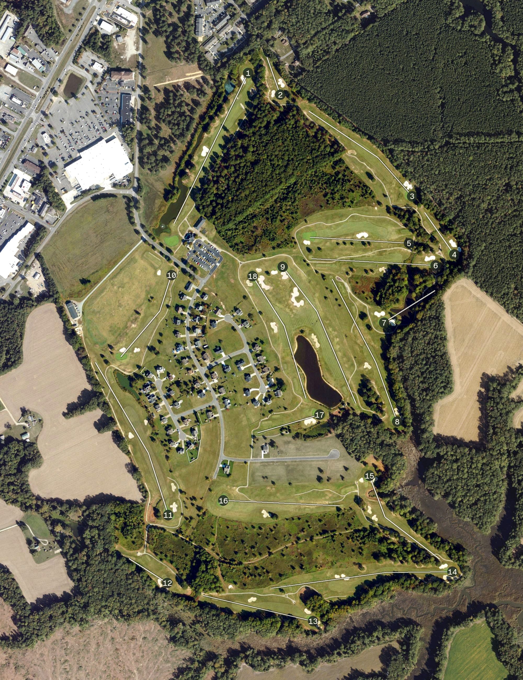 Aerial view of Hobbs Hole Golf Course, VA, with its hole routing marked