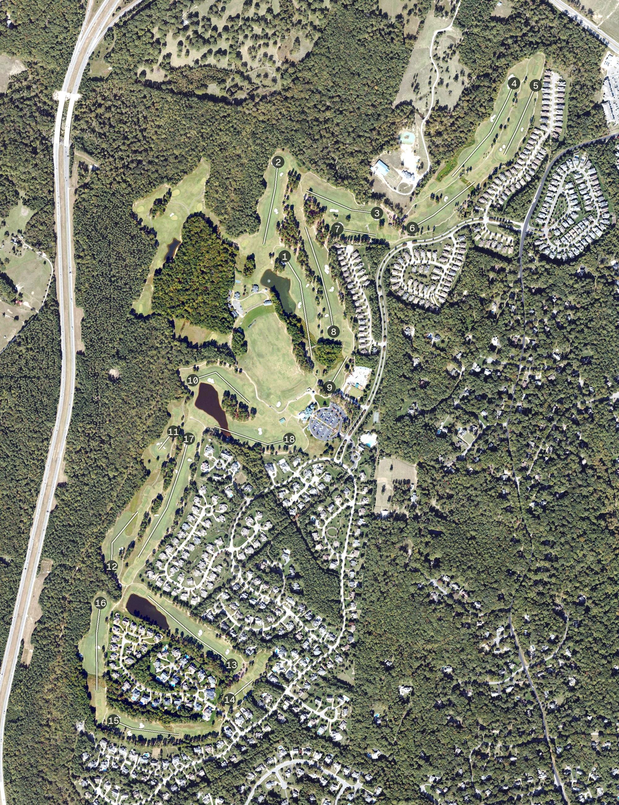 Aerial view of Independence Golf Club, VA, with its hole routing marked