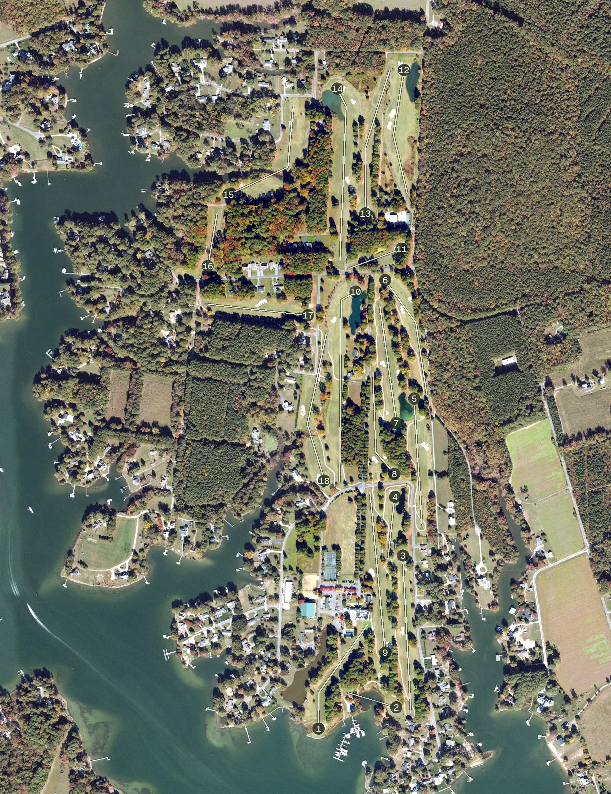 Aerial view of Indian Creek Yacht & Country Club, VA, with its hole routing marked