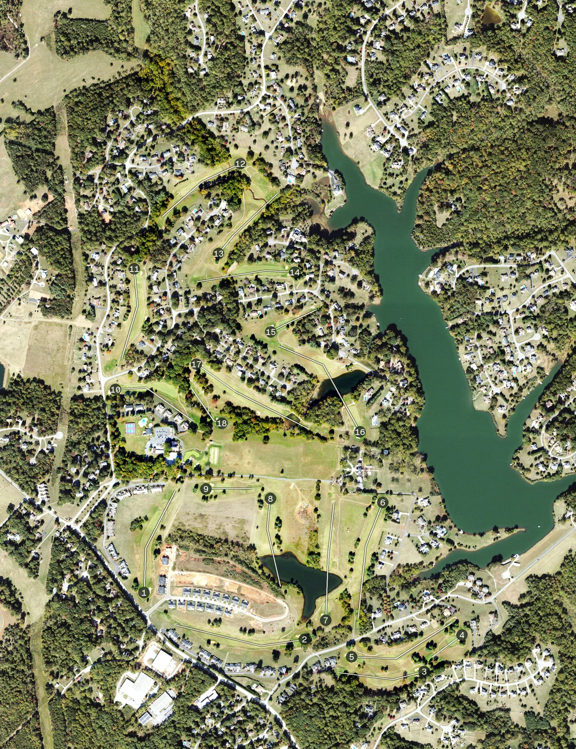 Aerial view of Ivy Hill Golf Club, VA, with its hole routing marked