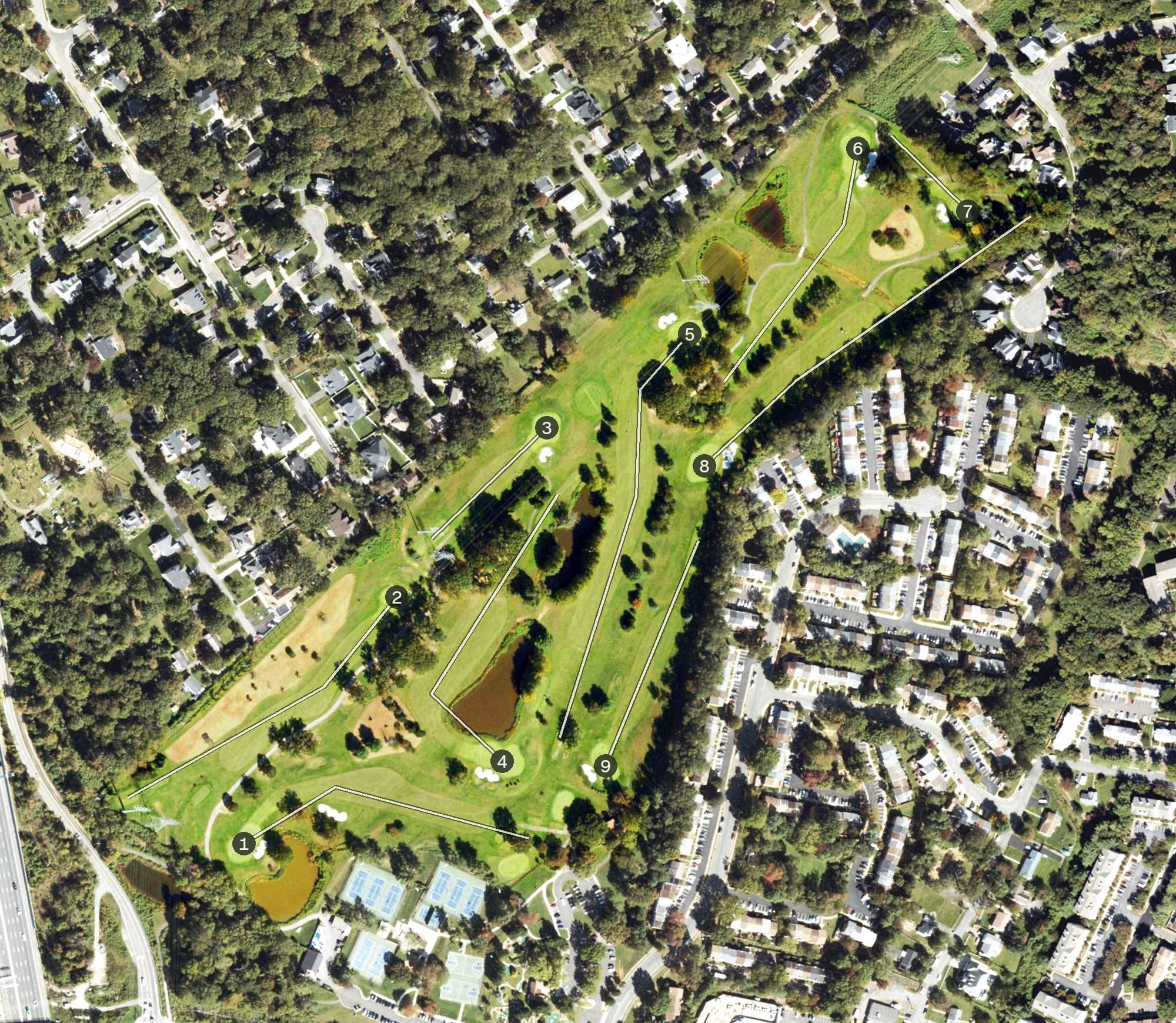 Aerial view of Jefferson District Golf Course, VA, with its hole routing marked