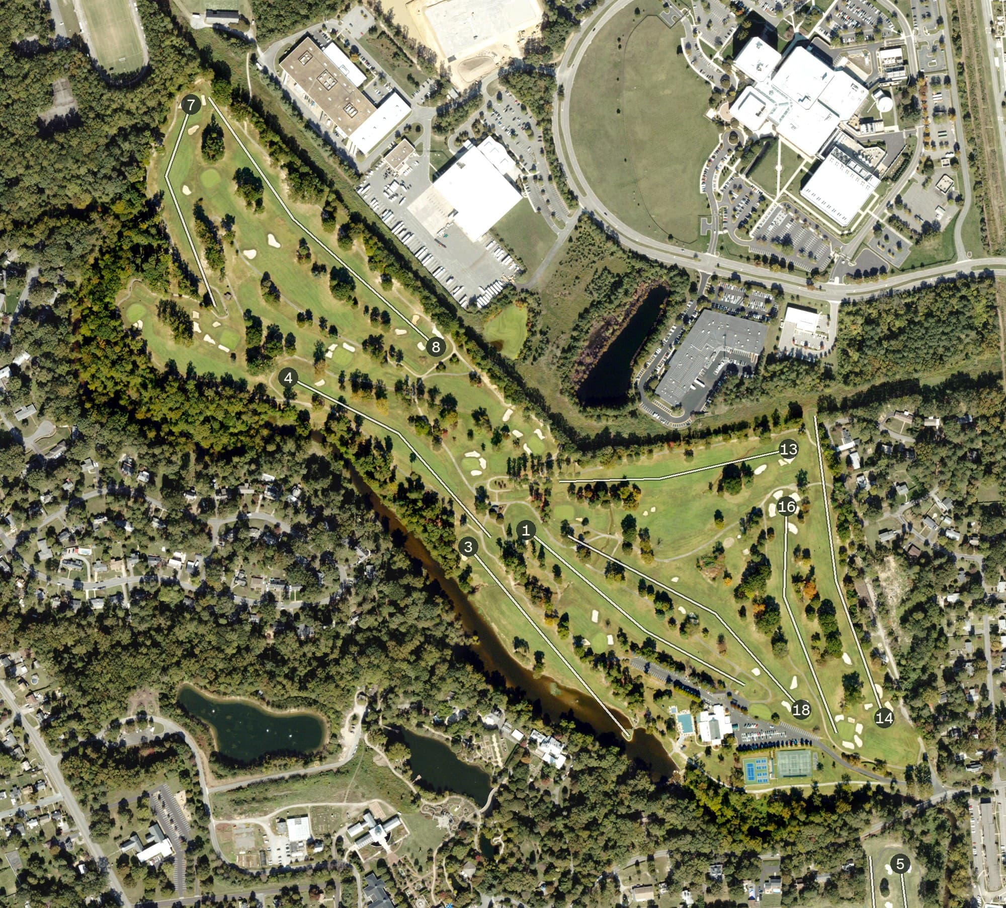Aerial view of Jefferson Lakeside Country Club, VA, with its hole routing marked