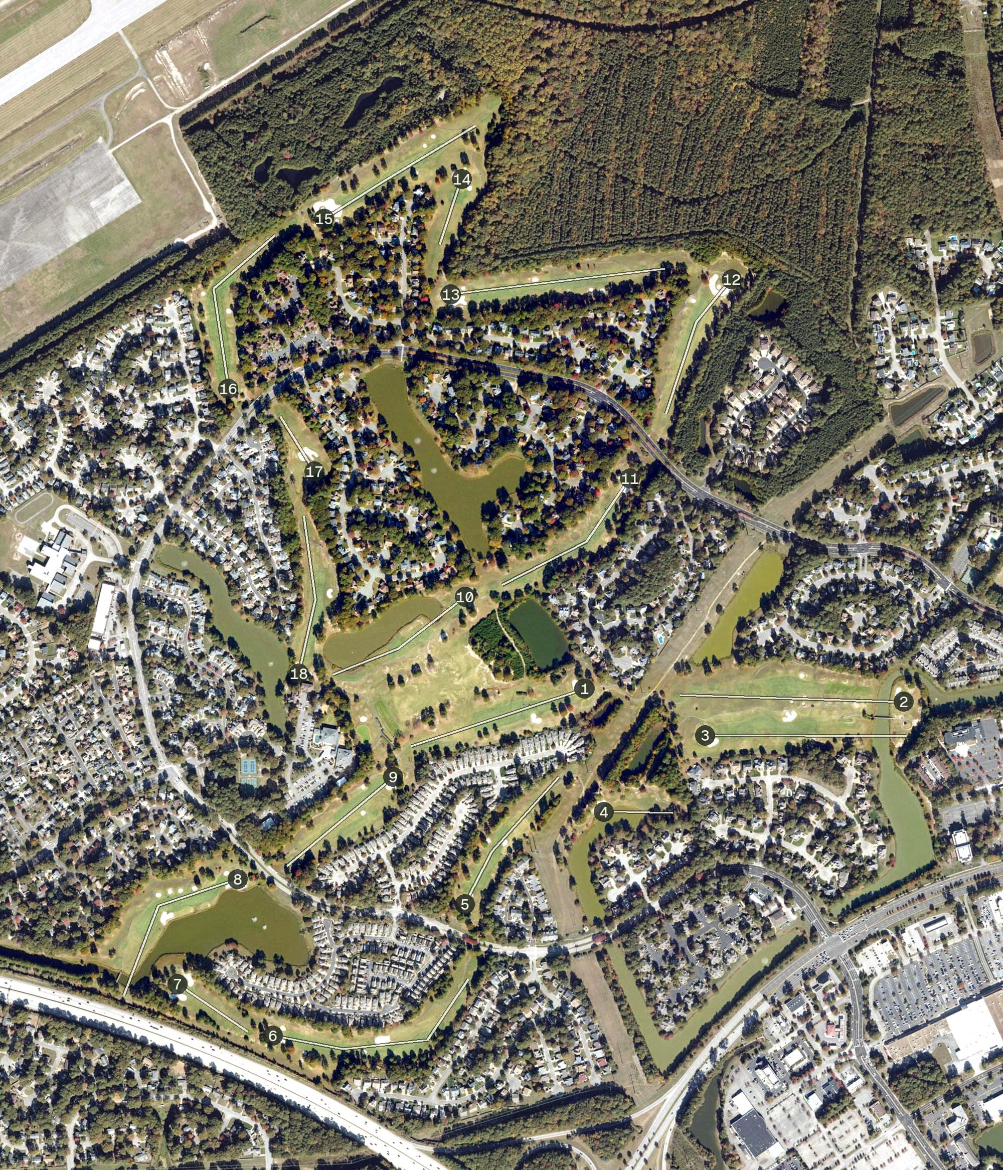 Aerial view of Kiln Creek Country Club, VA, with its hole routing marked