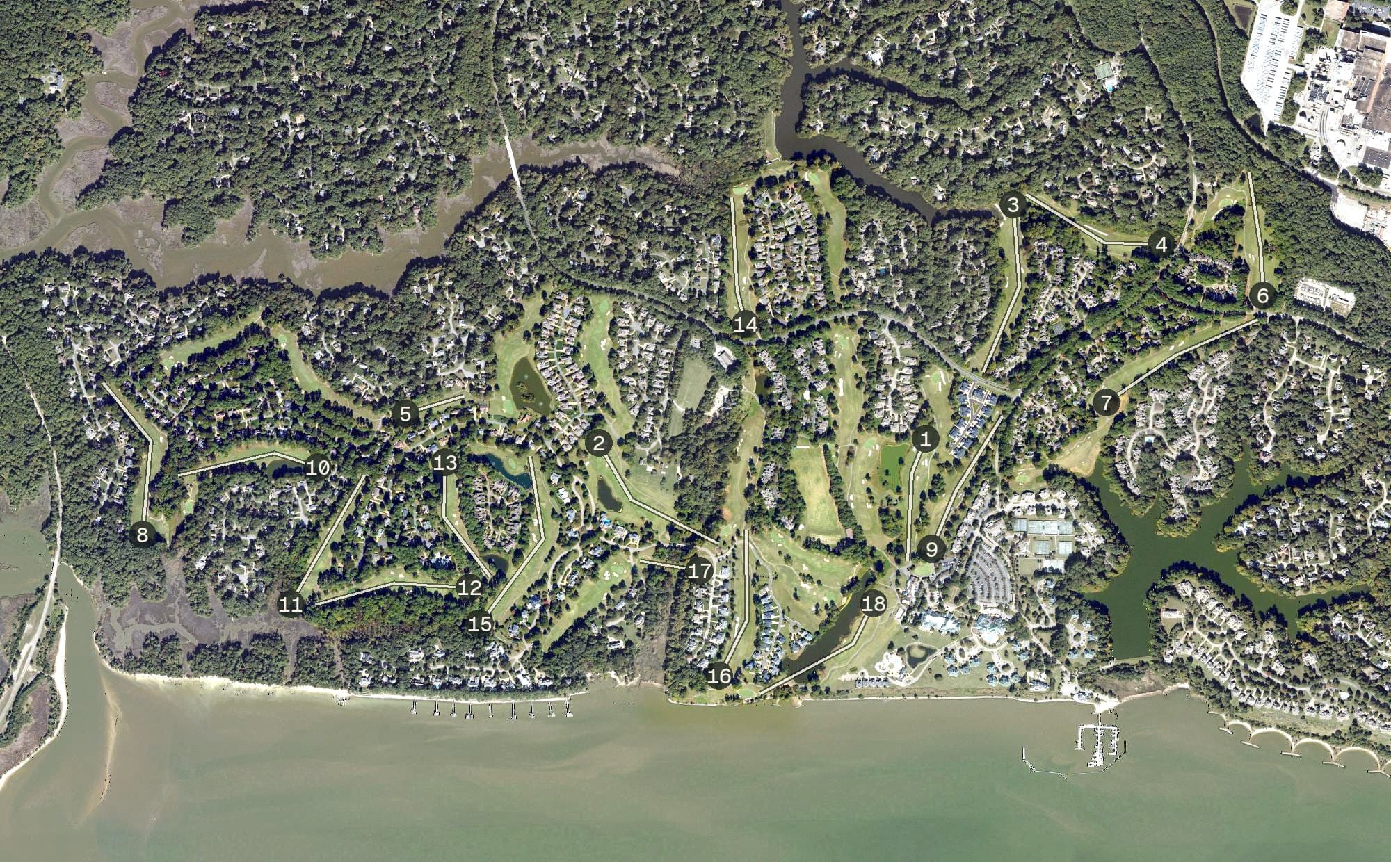 Aerial view of Kingsmill Resort: The River Course, VA, with its hole routing marked