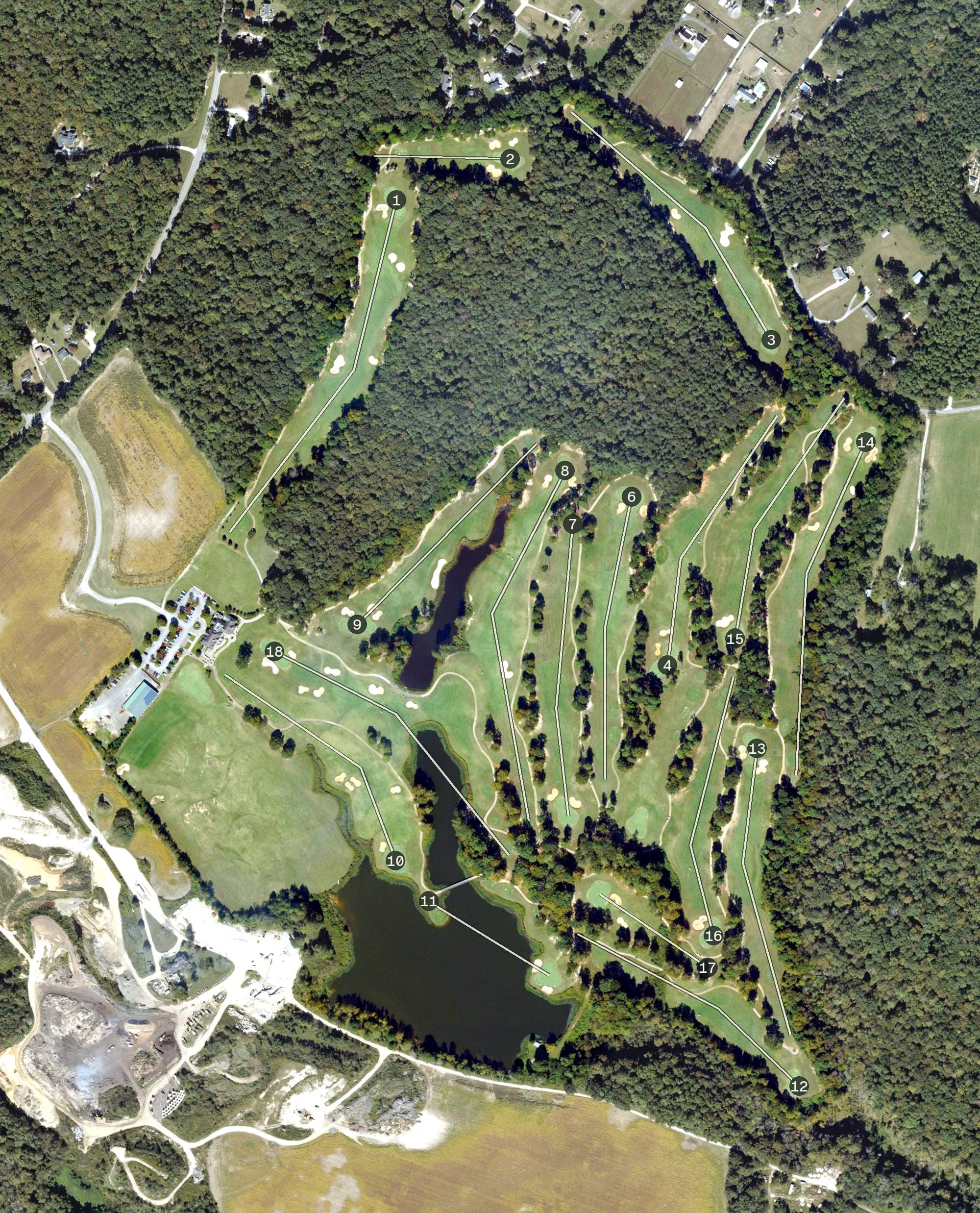 Aerial view of Kiskiack Golf Course, VA, with its hole routing marked
