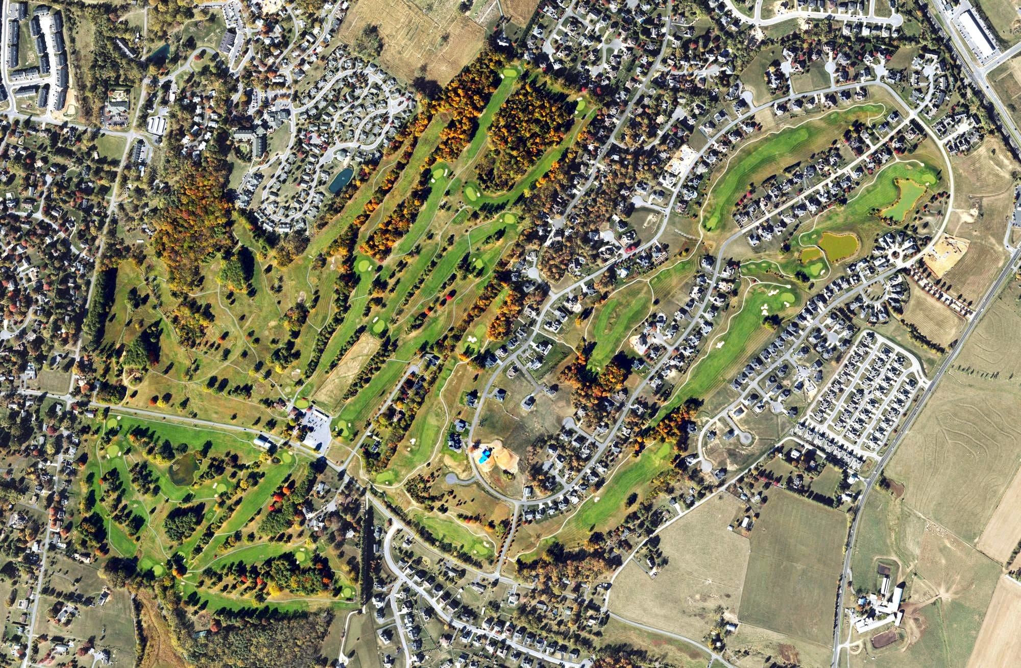 Aerial view of Lakeview Golf Club, VA, with its hole routing marked