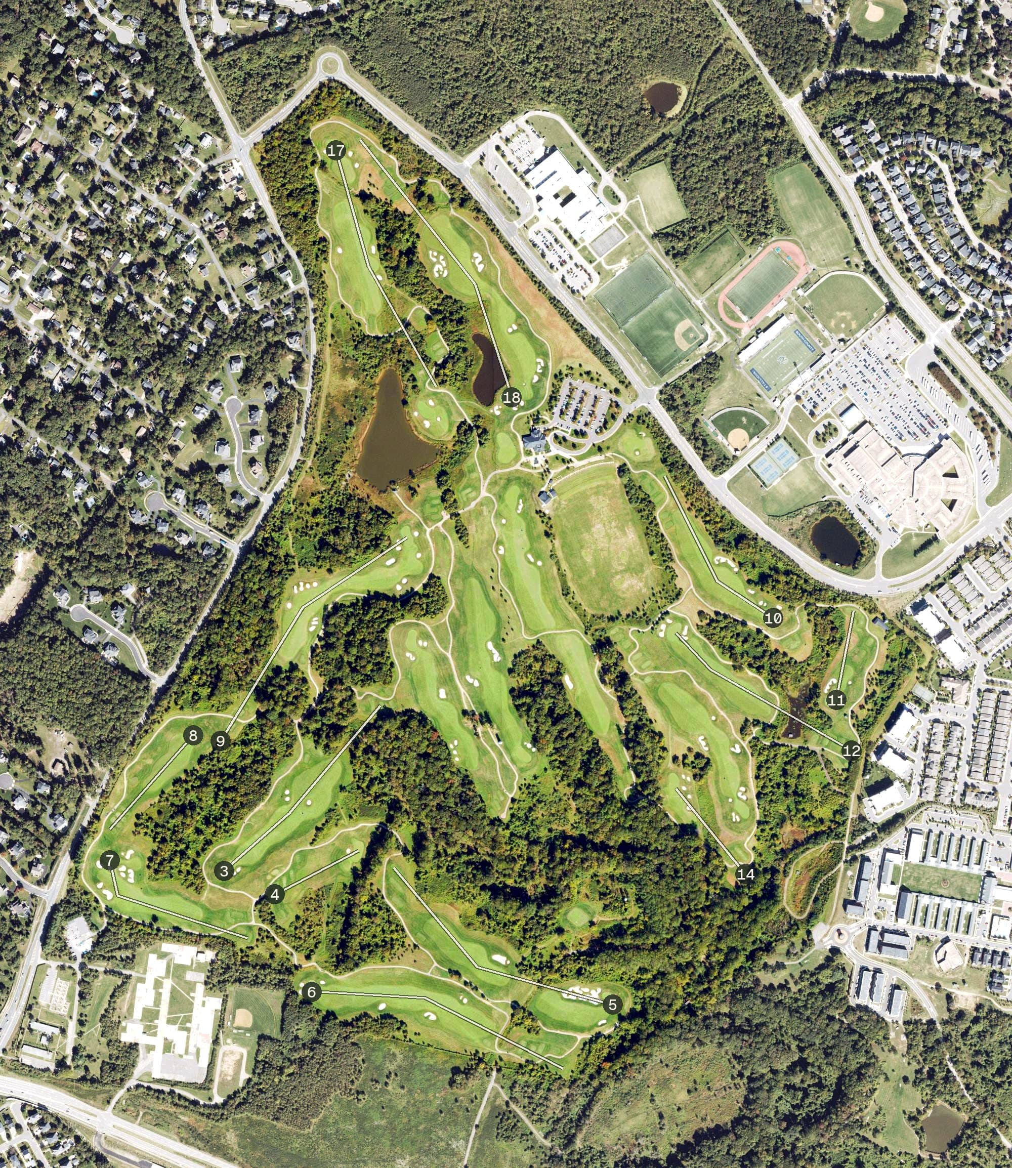 Aerial view of Laurel Hill Golf Club, VA, with its hole routing marked