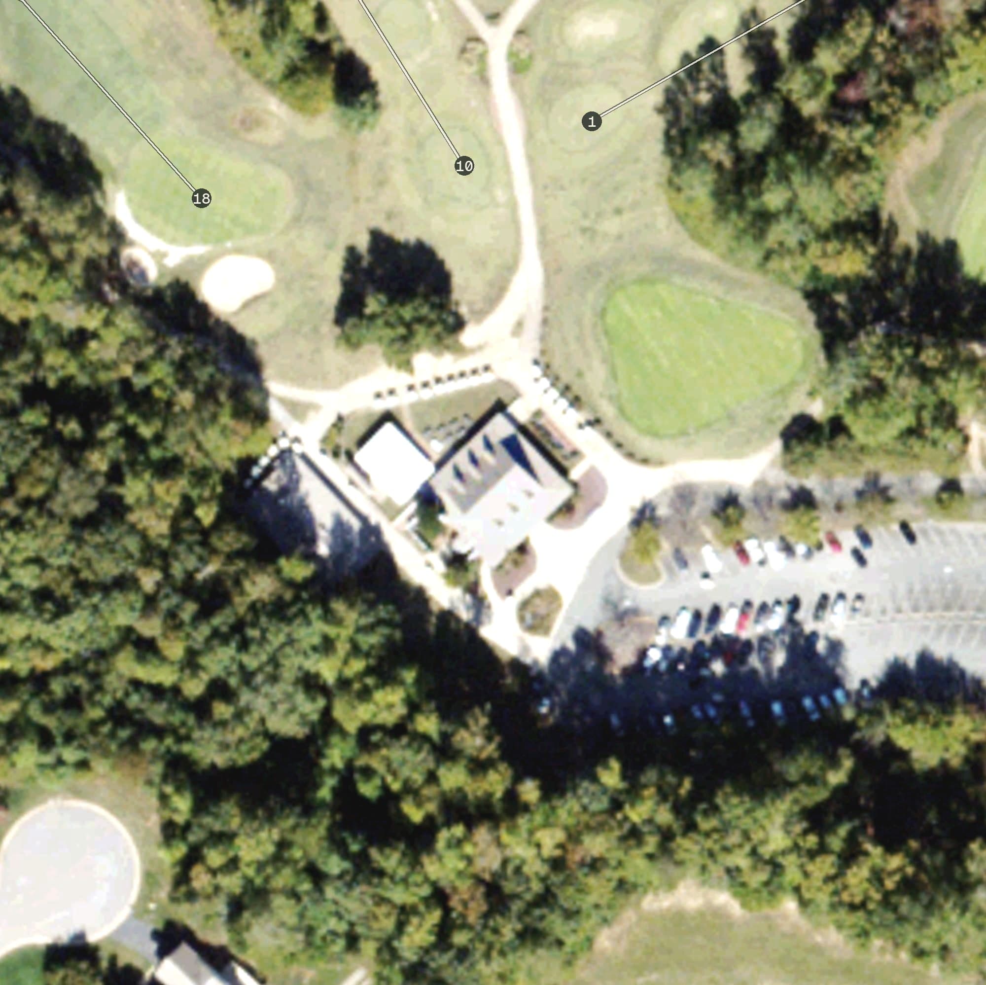 Aerial view of Lee Hill Golf Clubhouse, VA, with its hole routing marked