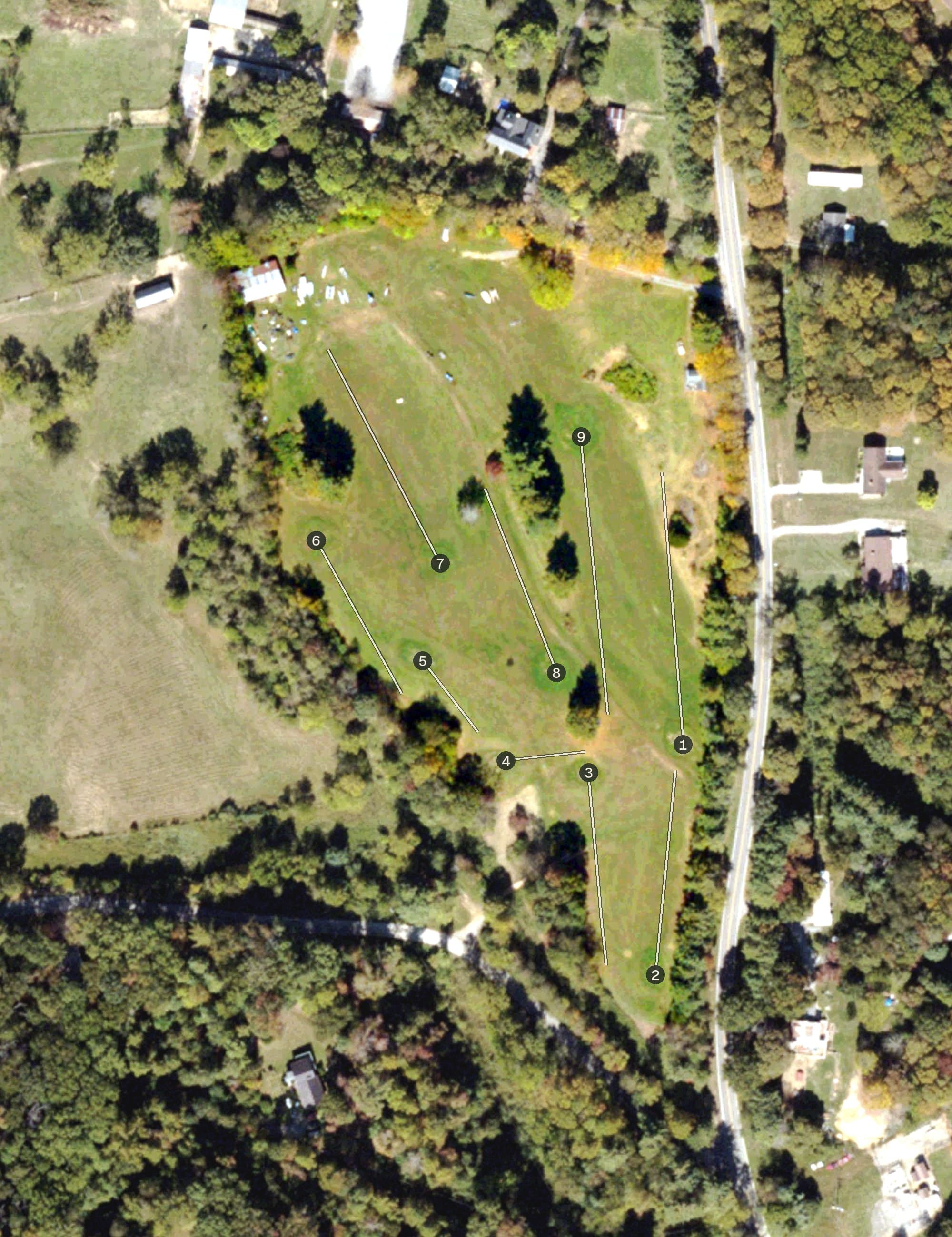 Aerial view of Loch Lowman Golf Course, VA, with its hole routing marked