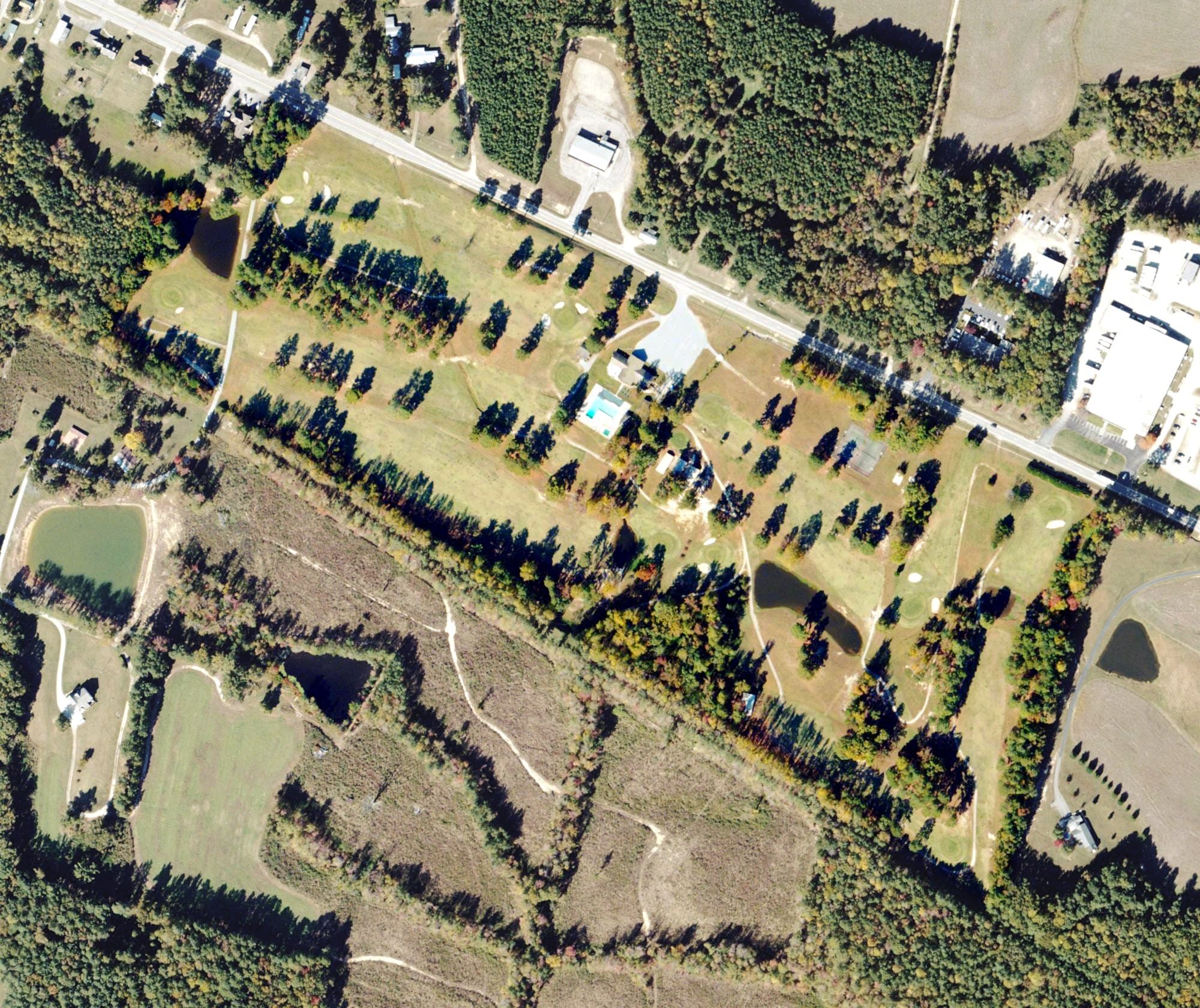 Aerial view of Lunenburg Country Club, VA, with its hole routing marked
