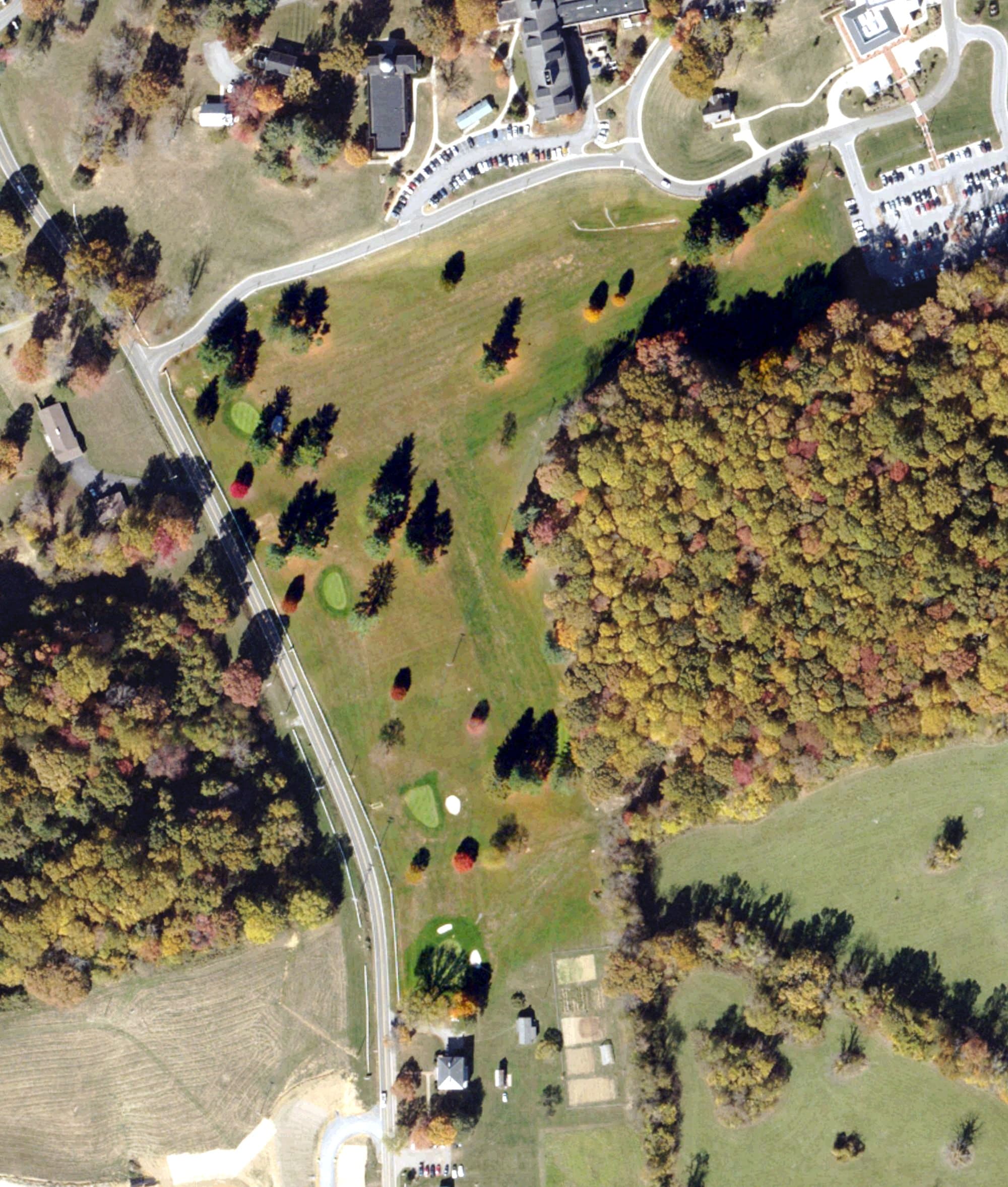 Aerial view of Lynch Links Golf Course of Emory & Henry College, VA, with its hole routing marked