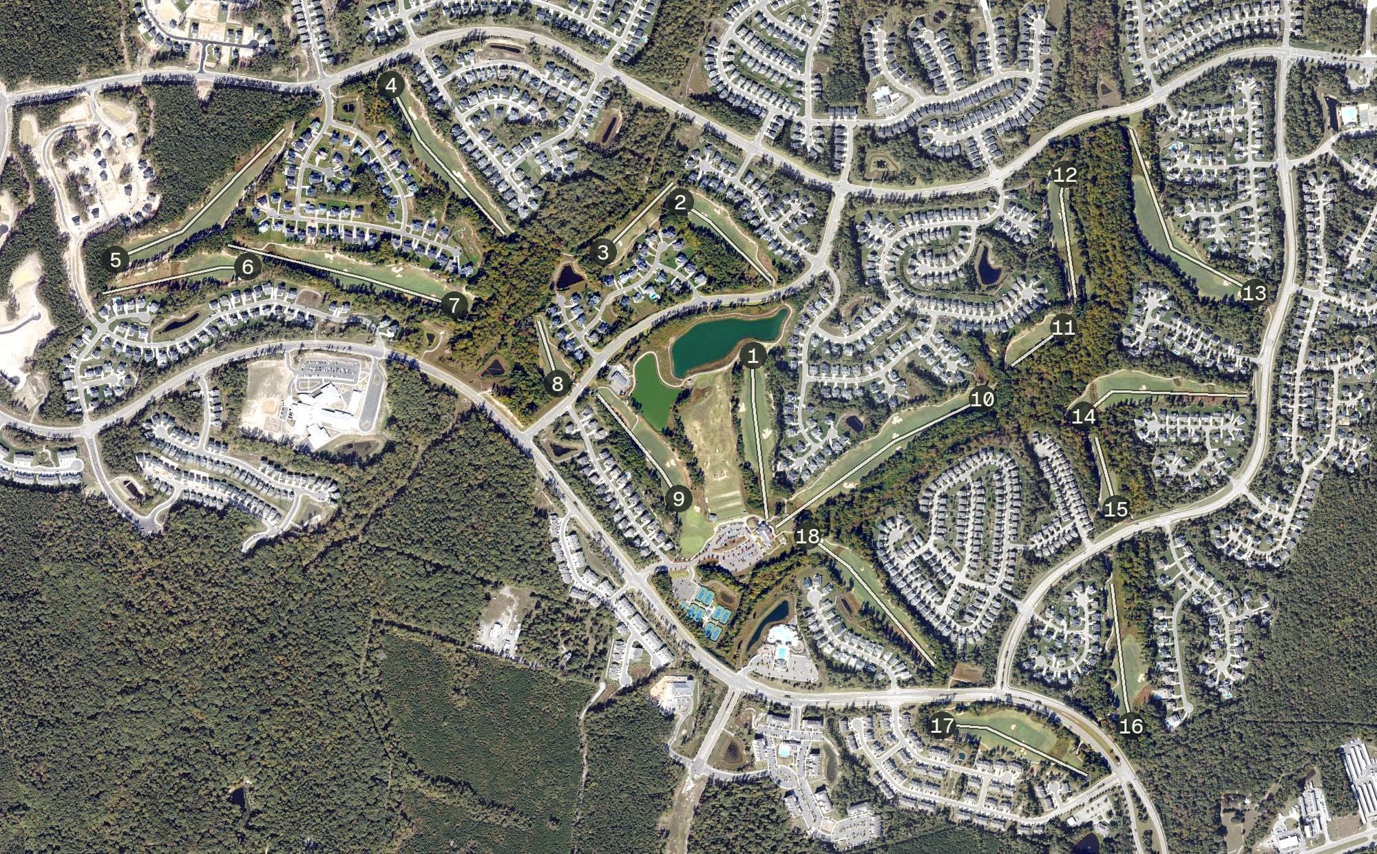 Aerial view of Magnolia Green Golf Club, VA, with its hole routing marked